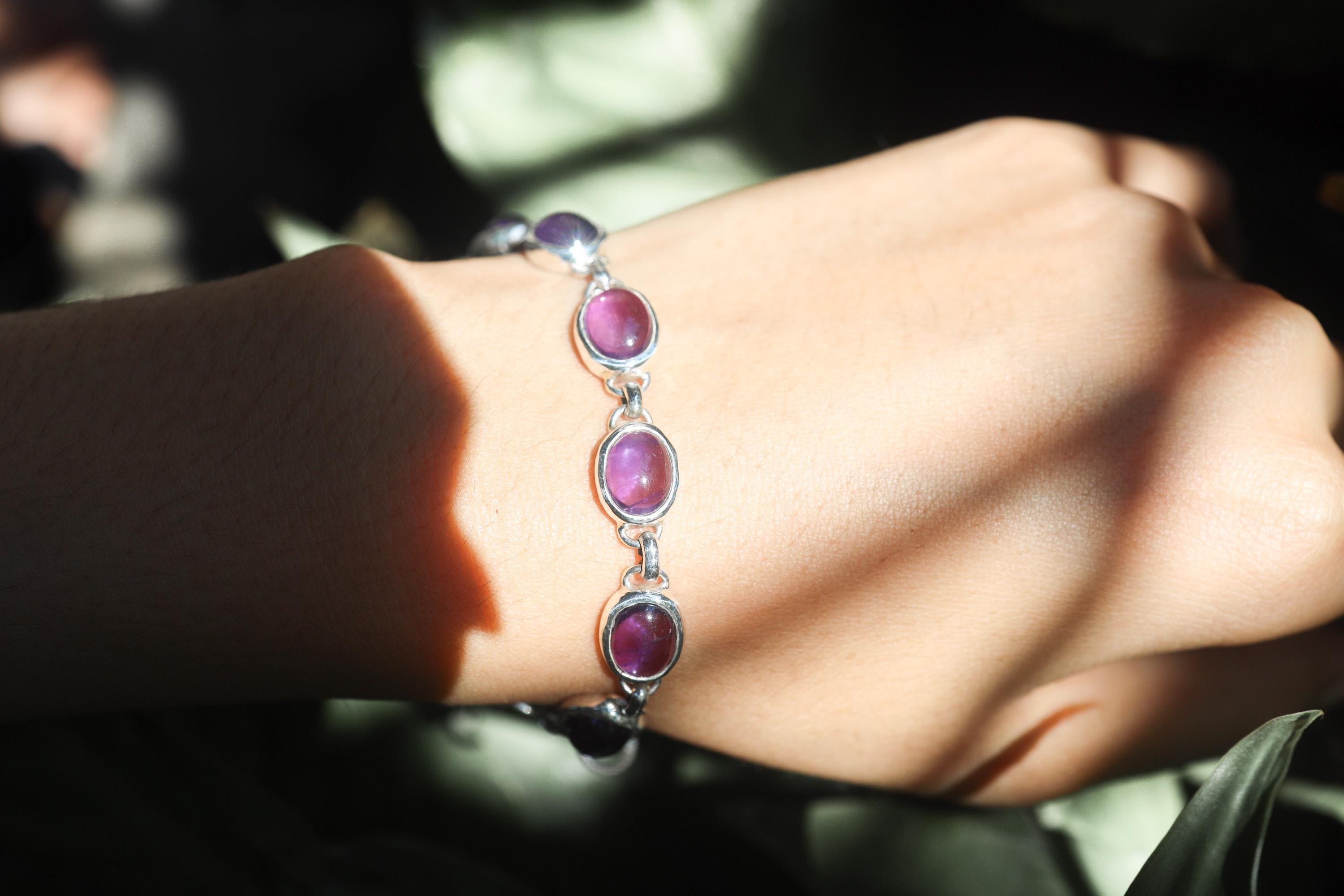 Amethyst Crown Chakra Bracelet 925 Silver East West Gemstone Jewelry Violet Cabochon Spiritual Talisman Gift