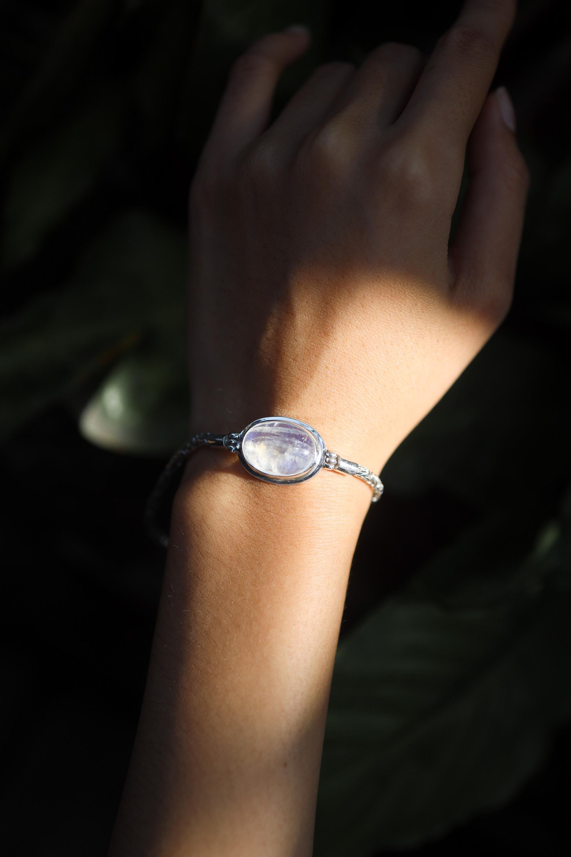 Blue Moonstone Byzantine bracelet shown worn on the wrist as a refined lunar gemstone bracelet.