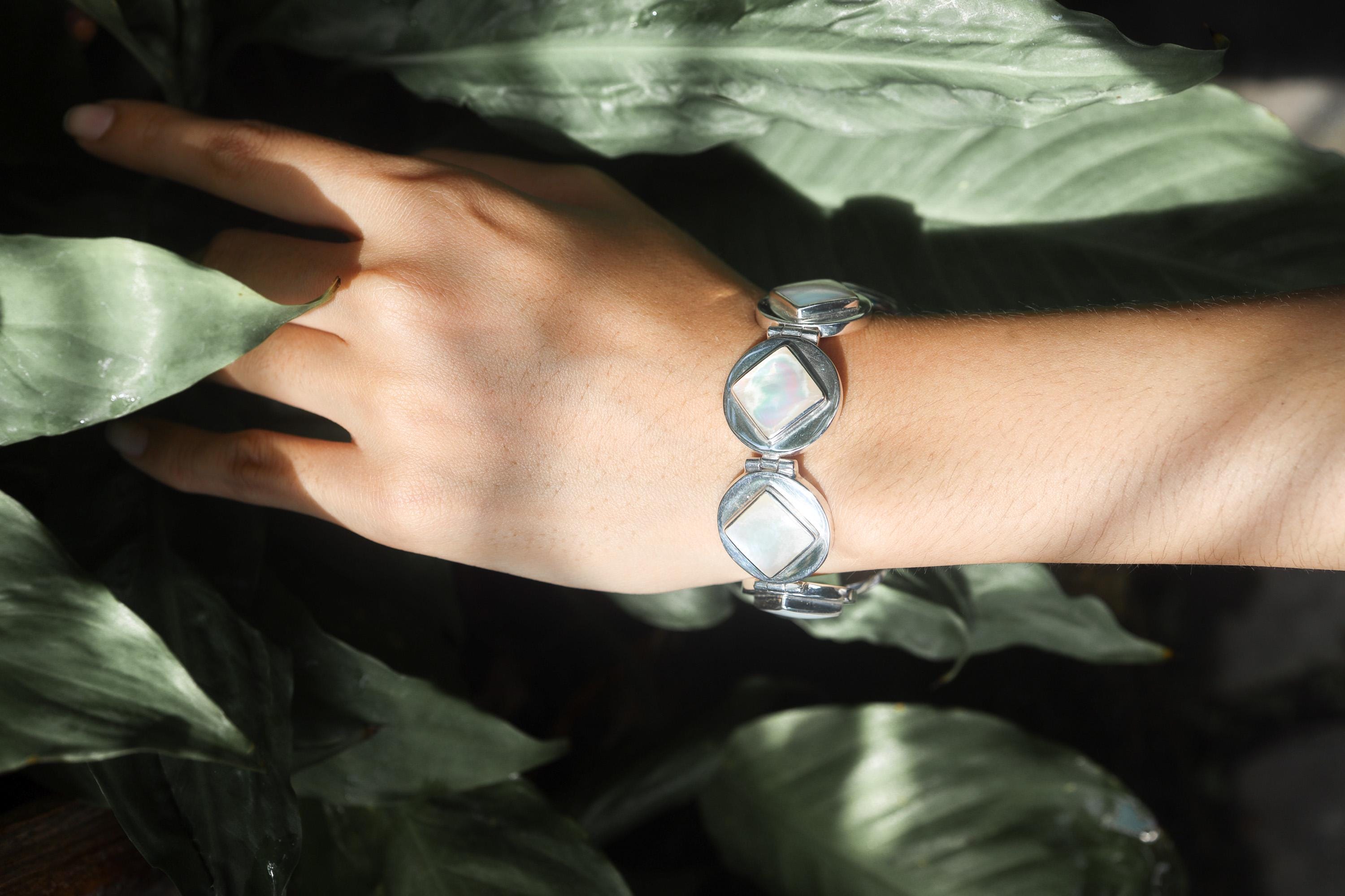 Mother of Pearl Bracelet 925 Silver Diamond Set Shell Cabochon Jewelry Ocean Talisman Heart Chakra Handmade Gift