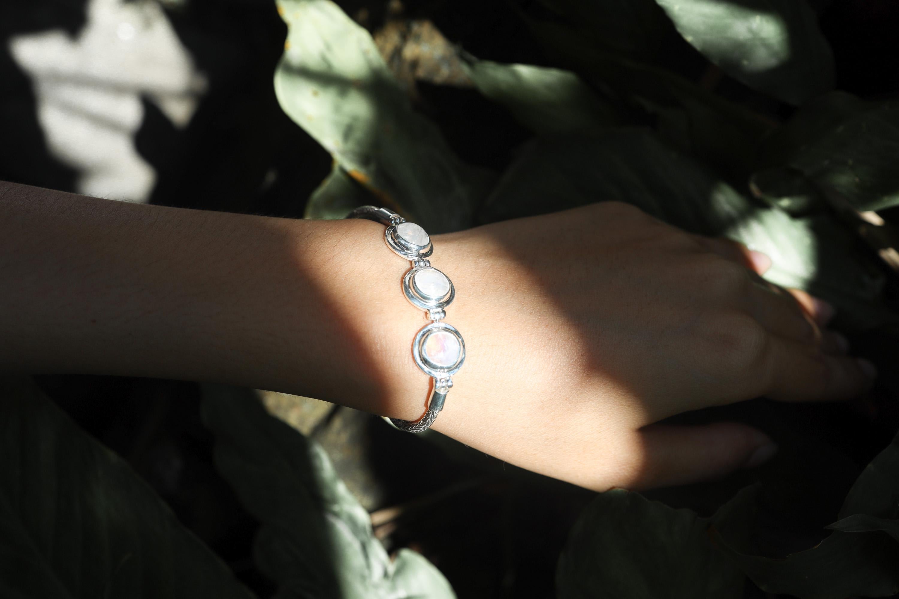 High Grade Blue Moonstone Bracelet Sterling Silver, 3 Stone Snake Chain, 925 Silver, Adjustable, Chakra Healing Crystal Gift