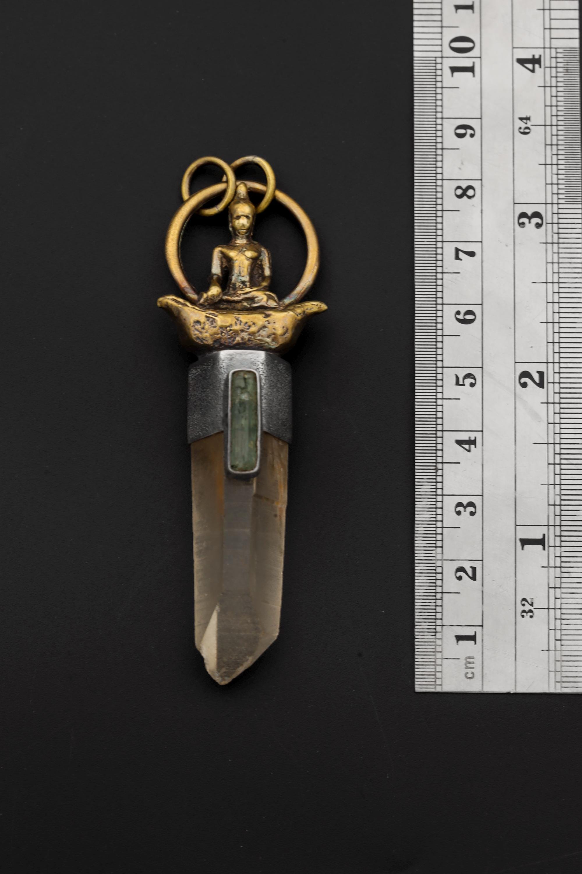Measurement photo with ruler alongside pendant clearly showing total length and quartz point dimension.