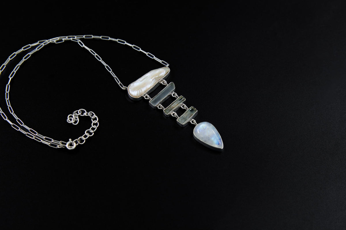 Raw Pearl Aquamarine Moonstone Pendant: Sterling Silver Spiritual Necklace