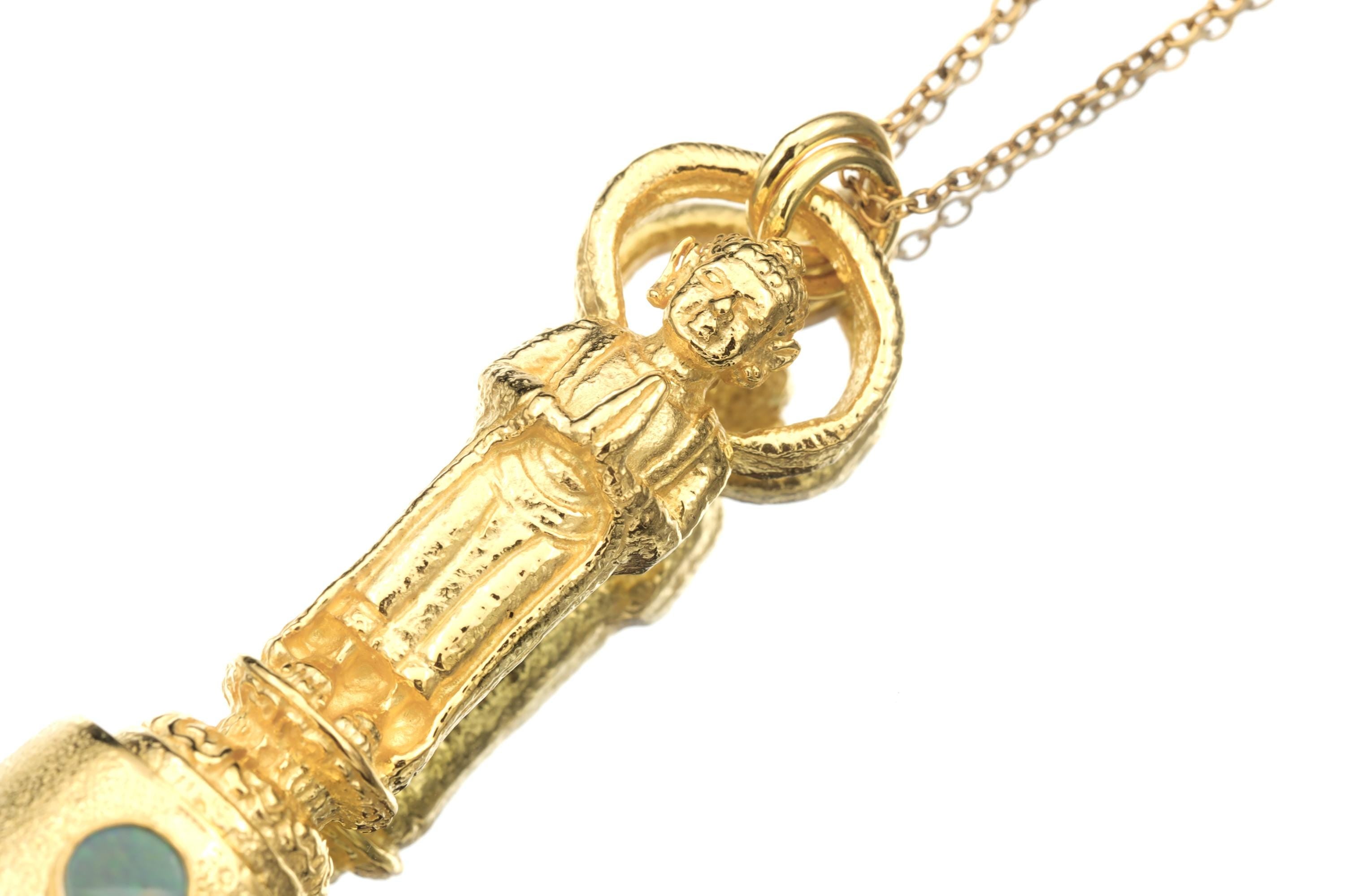 Cast Buddha talisman pendant with Lightning Ridge Opal & Polished gem Brown Dravite Tourmaline point, gold plated, spiritual jewelry.