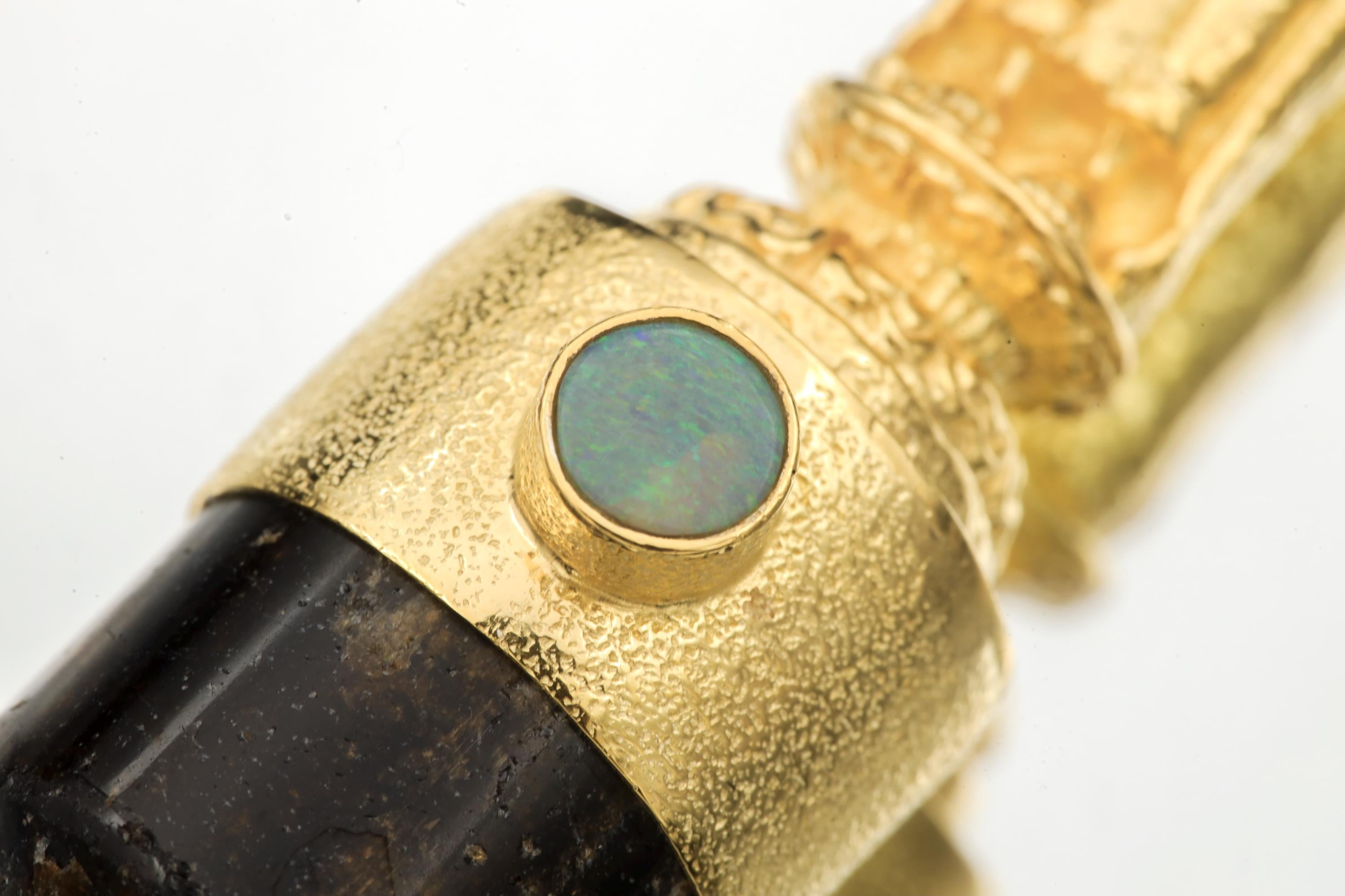 Cast Buddha talisman pendant with Lightning Ridge Opal & Polished gem Brown Dravite Tourmaline point, gold plated, spiritual jewelry.