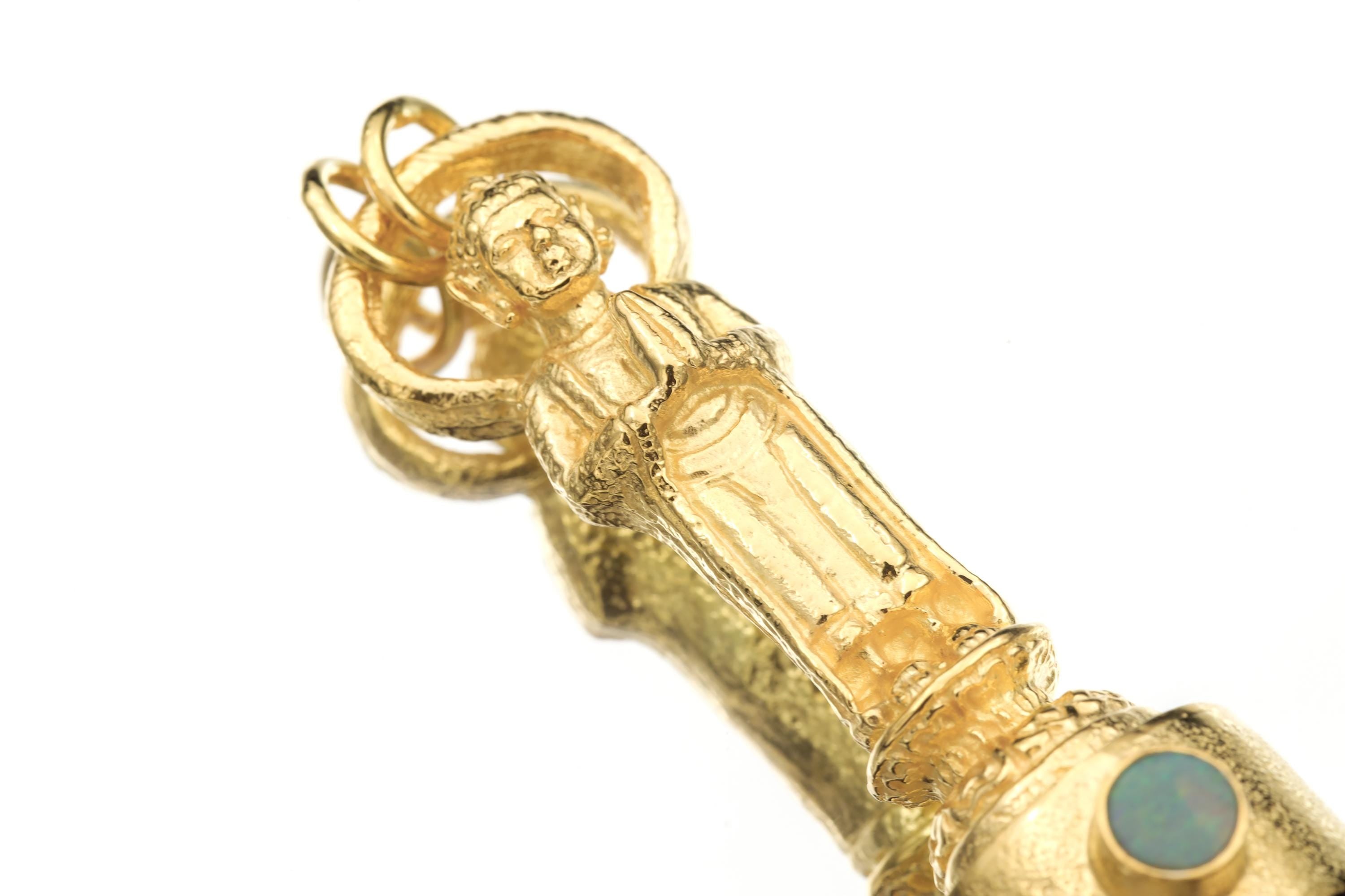 Cast Buddha talisman pendant with Lightning Ridge Opal & Polished gem Brown Dravite Tourmaline point, gold plated, spiritual jewelry.