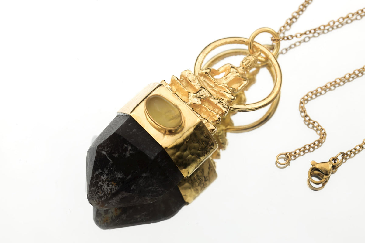 Buddha Talisman Pendant, Ethiopian Opal & Australian Dark Smoky Record Keeper Quartz, Gold Plated, Crown Chakra Meditation Jewelry