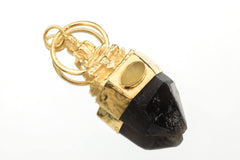 Buddha Ethiopian Opal Smoky Quartz talisman shown on a white background with seated brass Buddha and gold-plated finish.