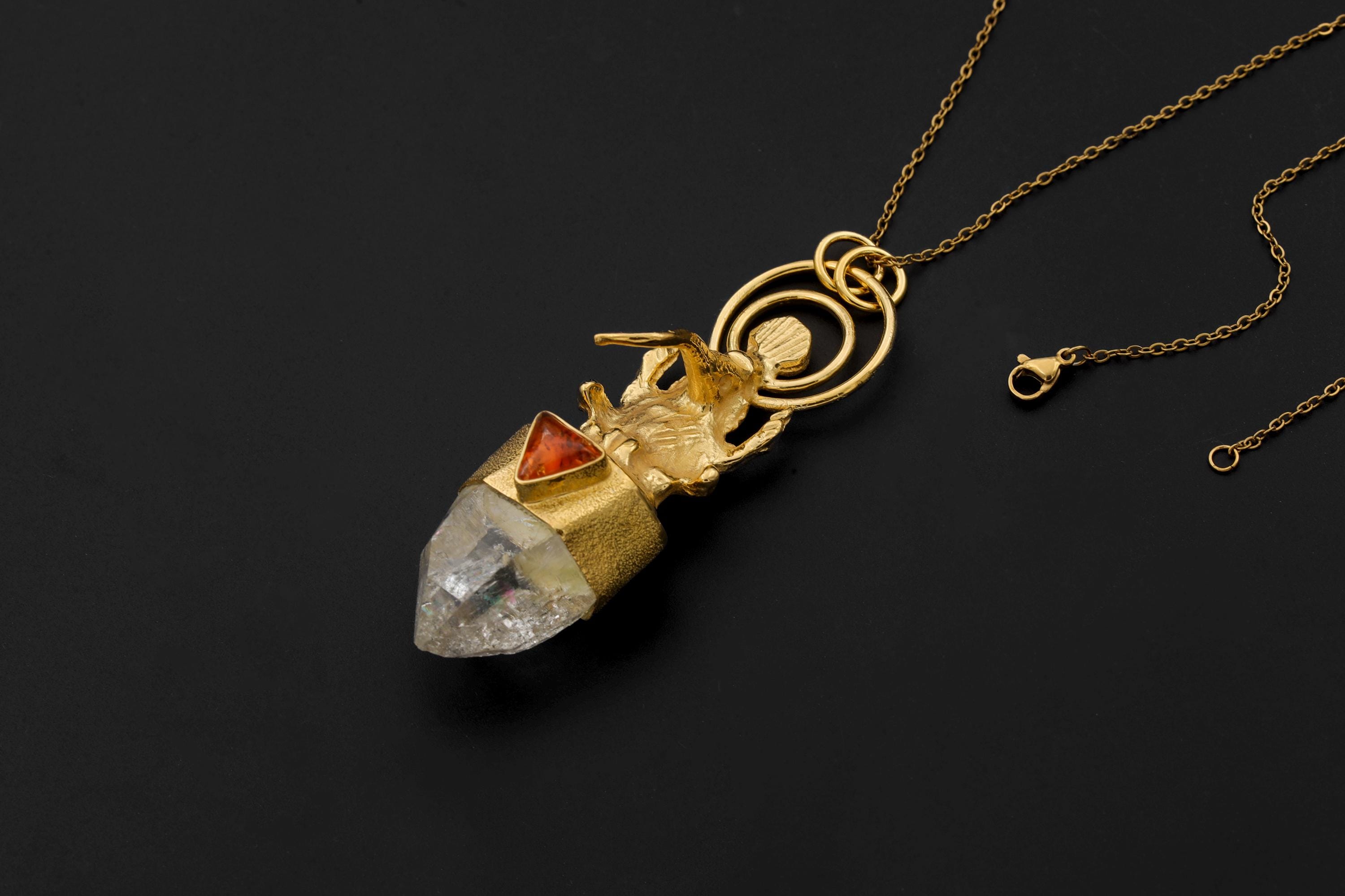 Brass Talisman Ganesha Baltic Amber, Rainbow Pyrite Inclusion Quartz Pendant, 925 Silver Gold Plated Finish, Chakra Energy, Boho Jewelry