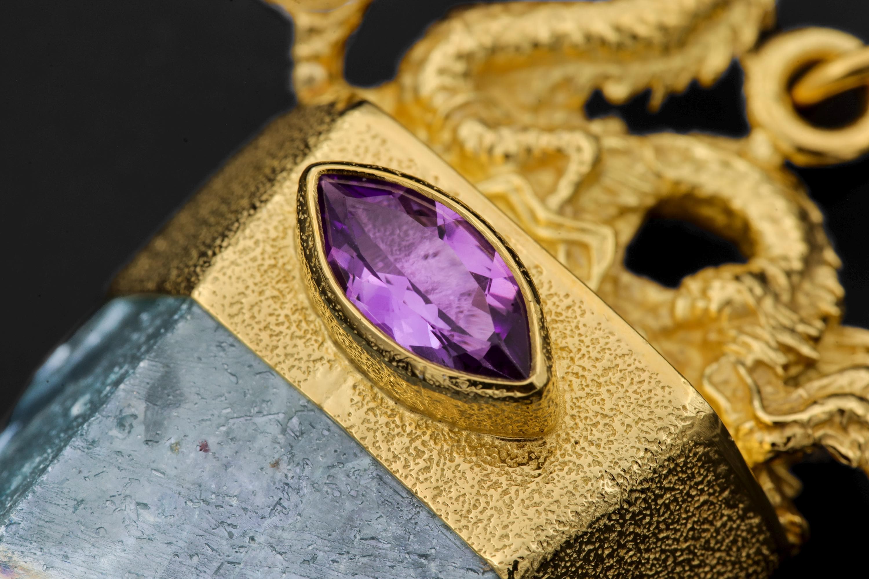 Dragon Amethyst Aqua Aura Quartz Pendant, 925 Silver Bezel Gold Plated, Hammered Texture, Crown Third Eye Throat, Protection Talisman