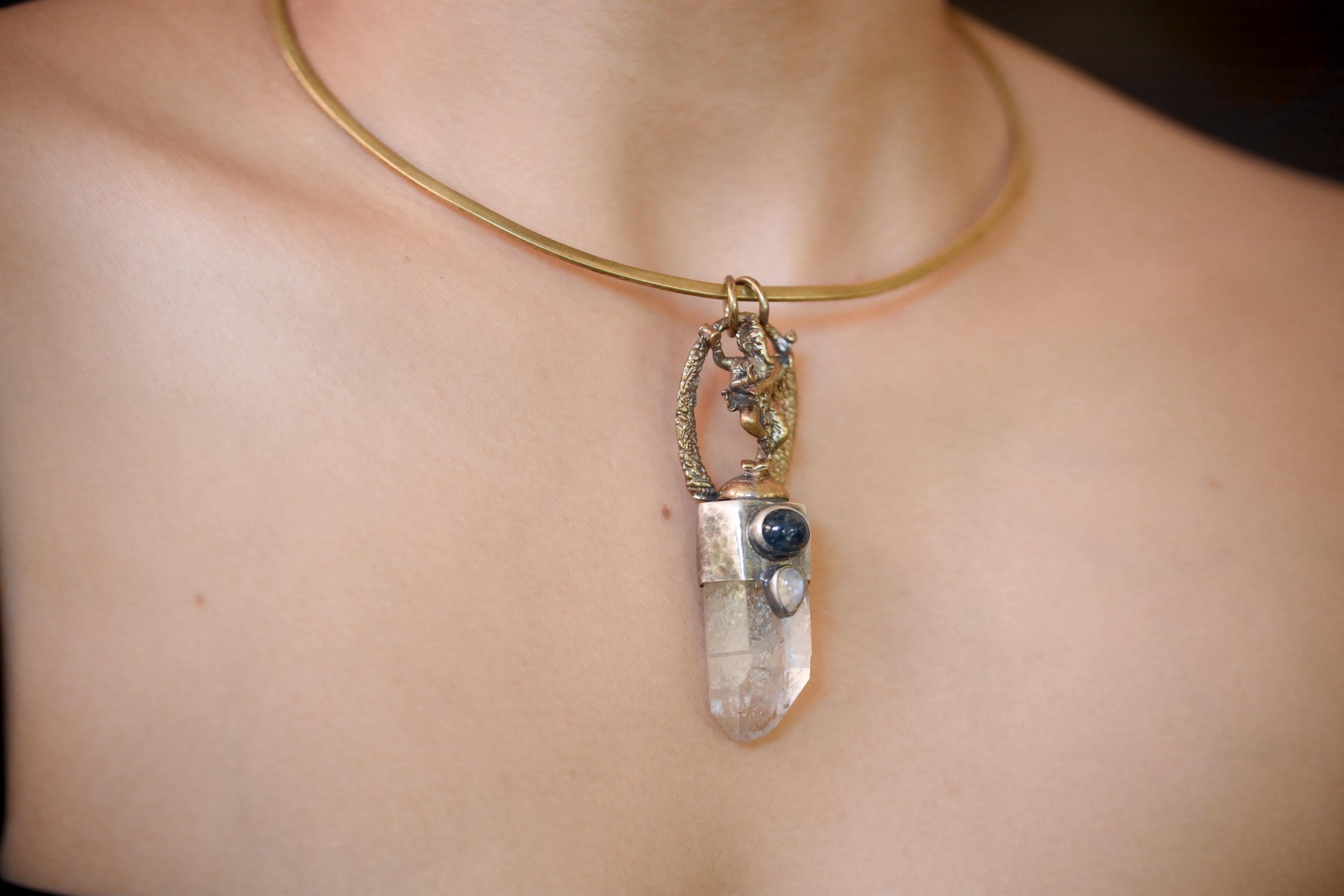 Ganesha Quartz Talisman Brass Cast Pendant, Pyrite Inclusion Quartz, Kyanite, Blue Moonstone, 925 Silver, Oxidized Hammered Textured