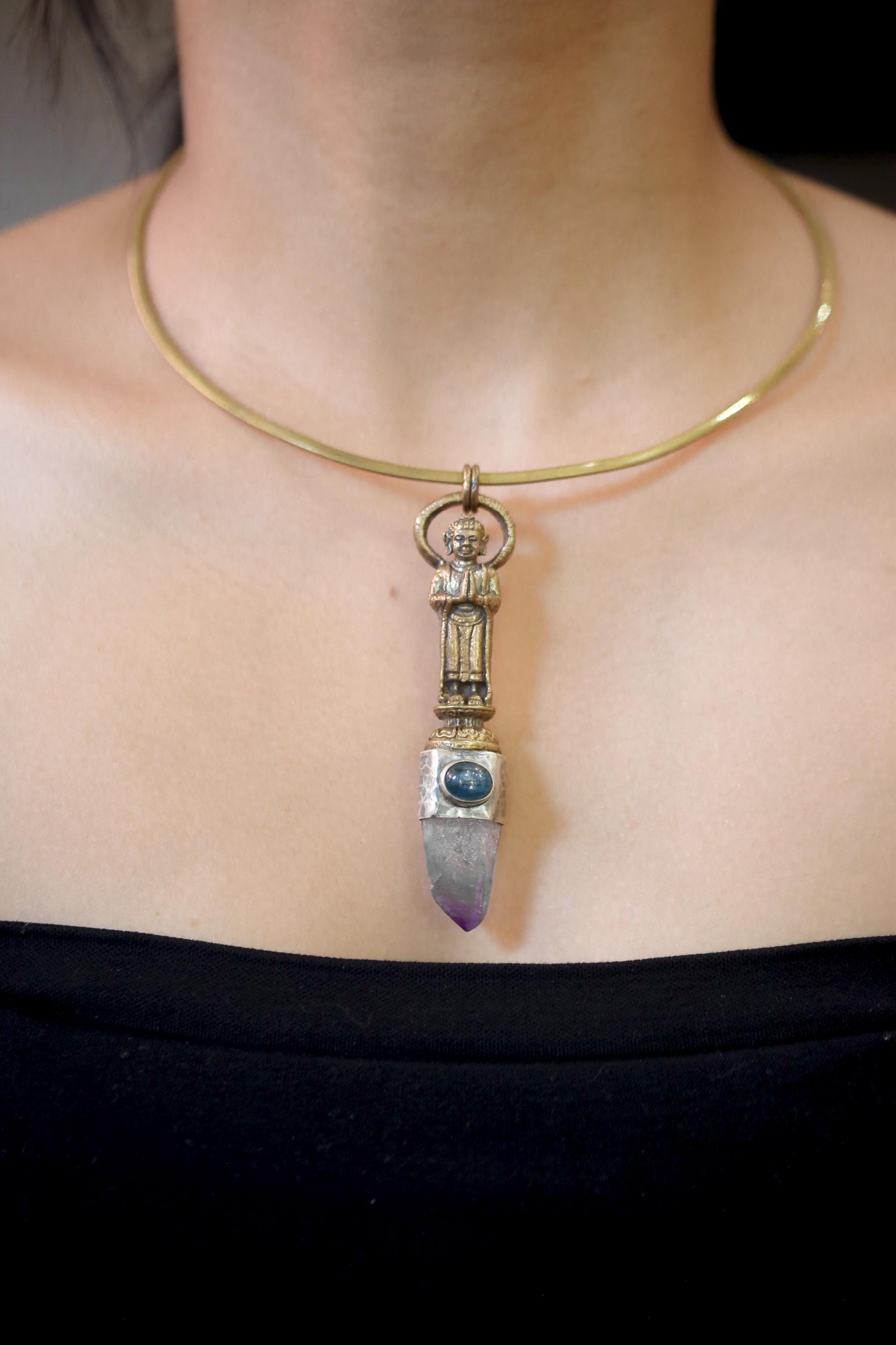 Buddha Talisman Brass Cast Pendant, Vera Cruz Amethyst Laser Point, High-Grade Australian Ocean Kyanite, 925 Silver Bezel, Oxidised,Textured