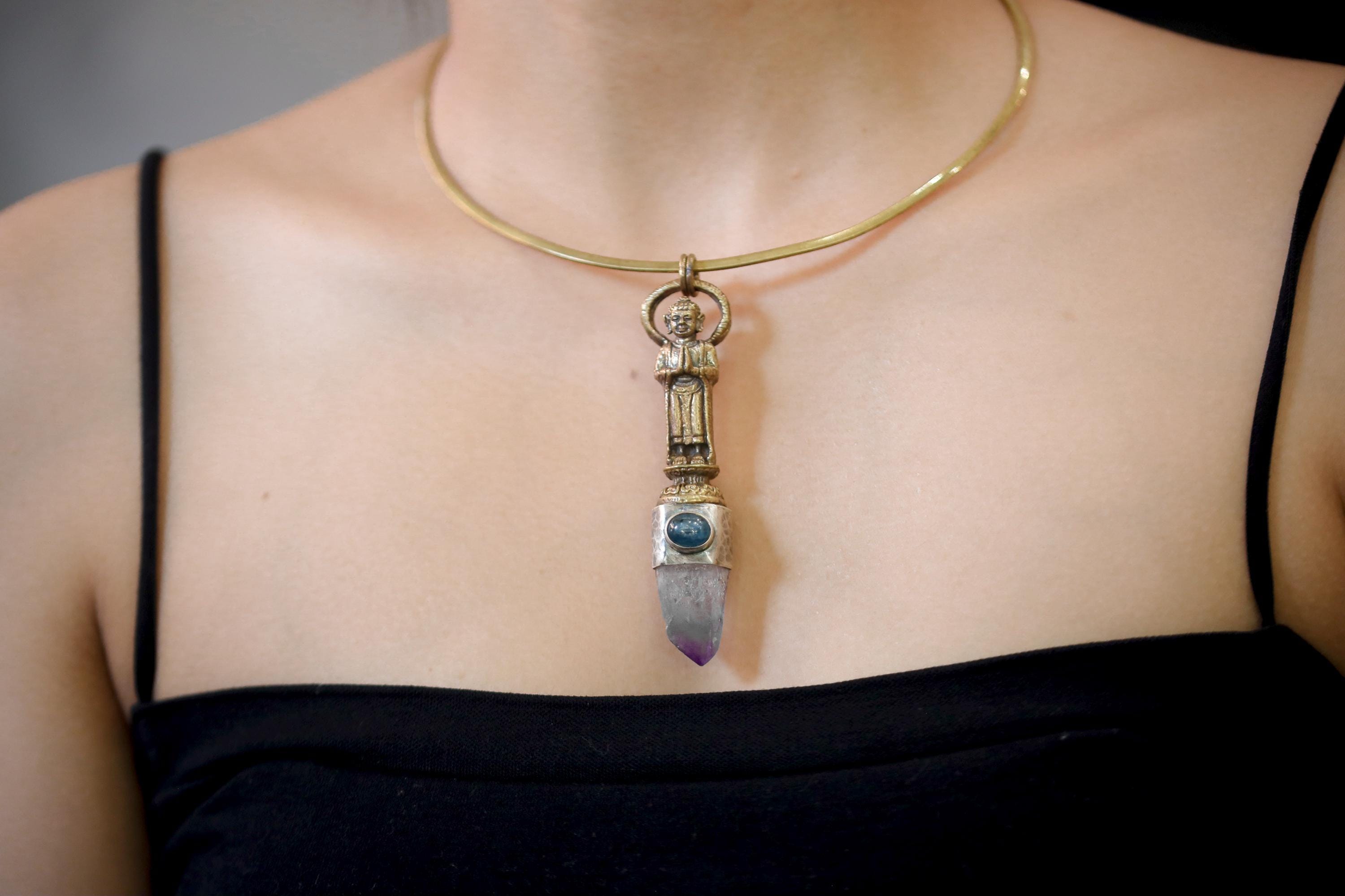 Buddha Talisman Brass Cast Pendant, Vera Cruz Amethyst Laser Point, High-Grade Australian Ocean Kyanite, 925 Silver Bezel, Oxidised,Textured