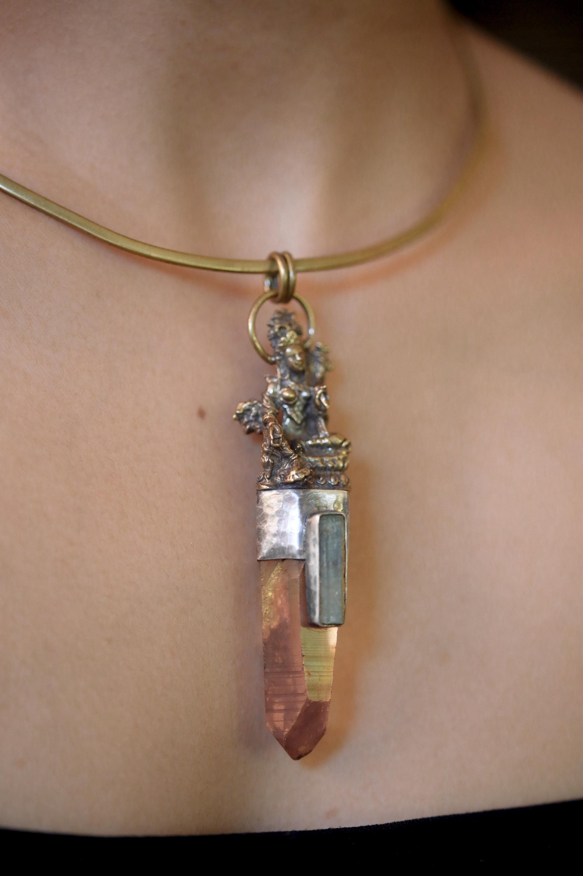 Saraswati Brass Cast Pendant, Australian Lemurian Laser Lithium Quartz & Australian Raw Aquamarine Wand, 925 Silver Bezel, Oxidized Textured