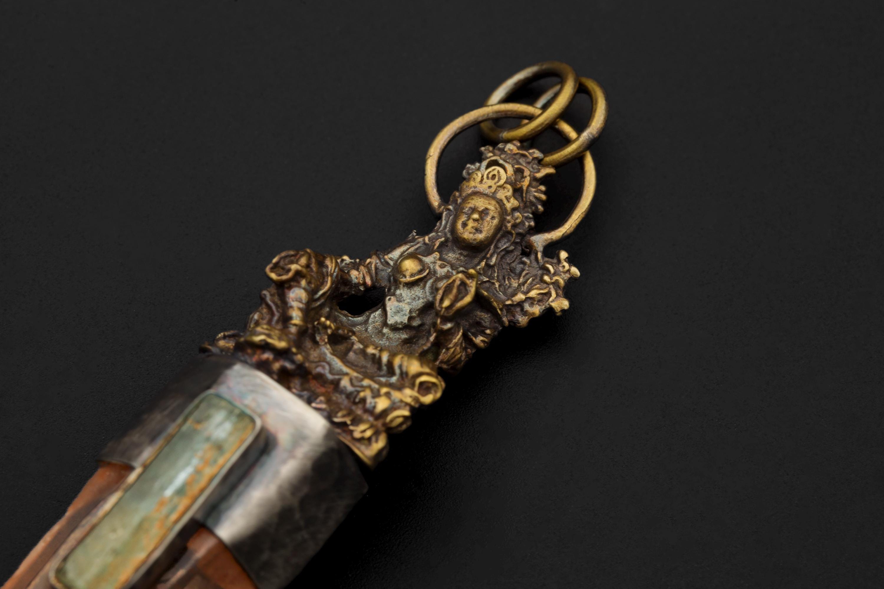 Saraswati Brass Cast Pendant, Australian Lemurian Laser Lithium Quartz & Australian Raw Aquamarine Wand, 925 Silver Bezel, Oxidized Textured