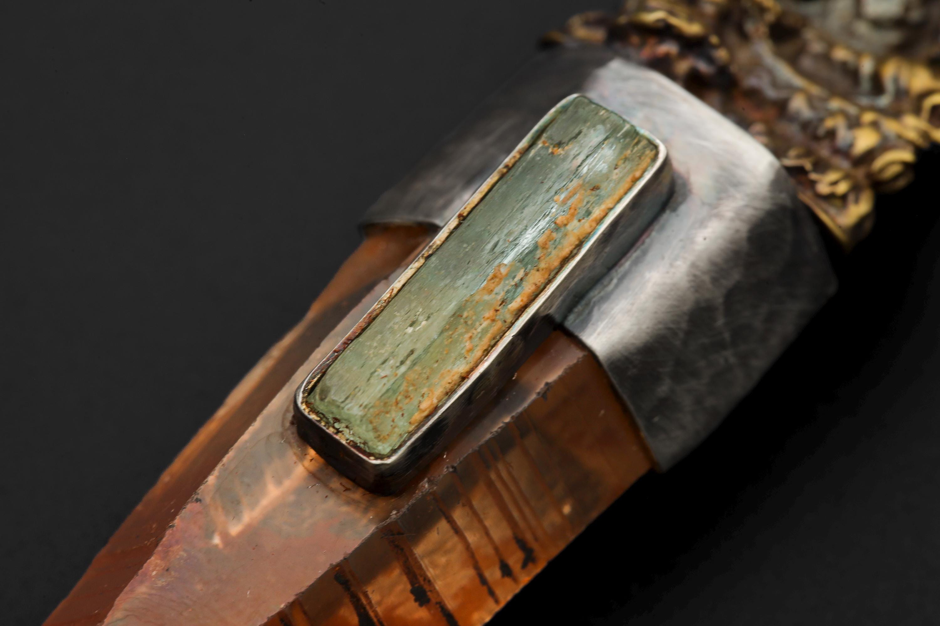 Saraswati Brass Cast Pendant, Australian Lemurian Laser Lithium Quartz & Australian Raw Aquamarine Wand, 925 Silver Bezel, Oxidized Textured