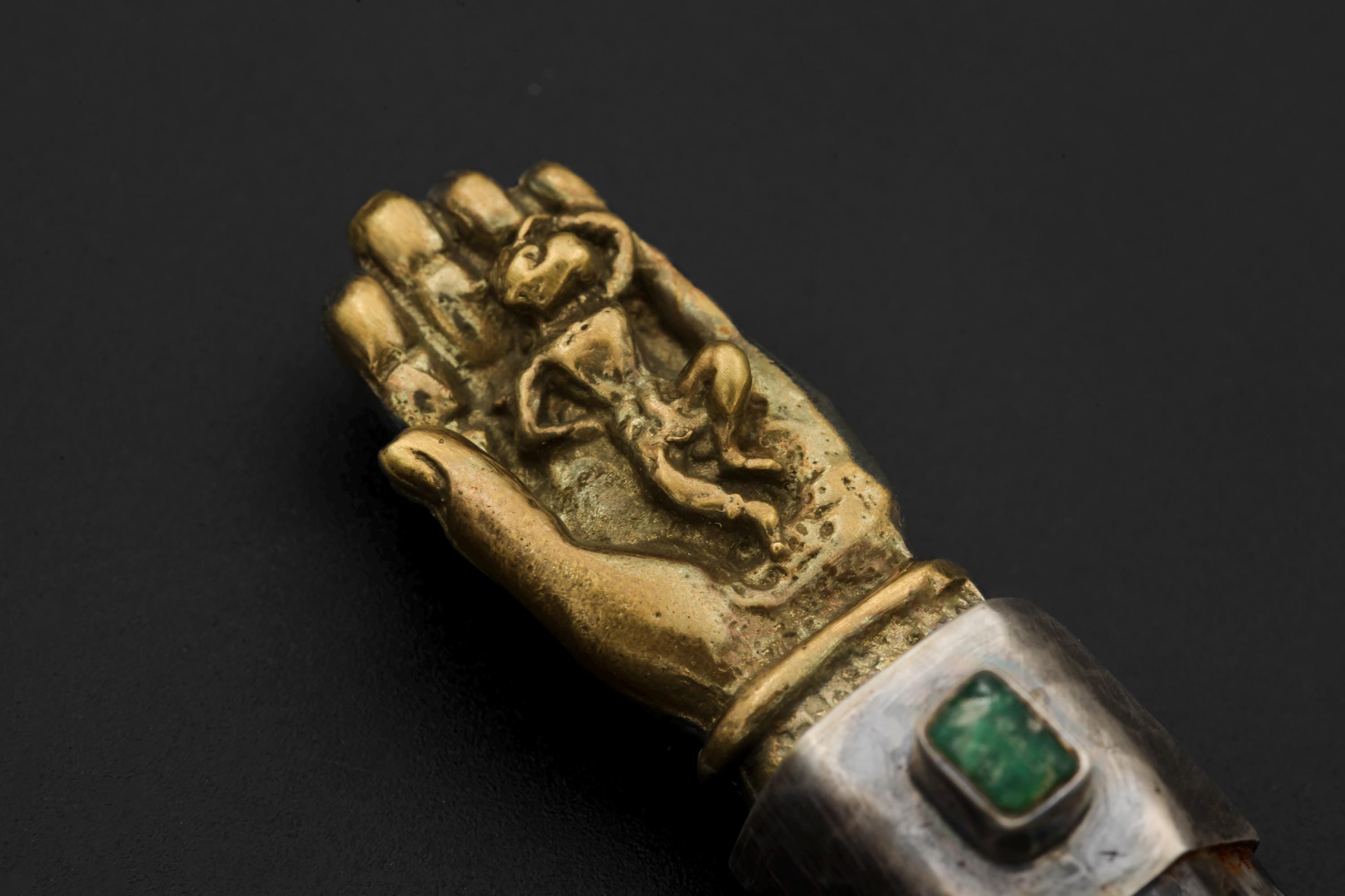 Monkey King Buddha Hand Brass Cast Pendant, Himalayan Optical Lemurian Chlorite Laser Quartz, Raw Emerald, Silver Bezel, Oxidized & Textured