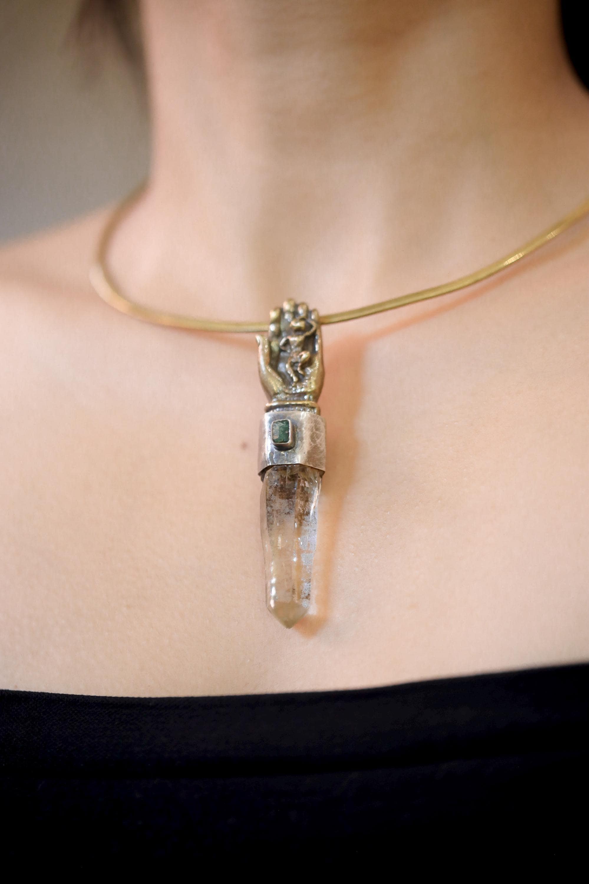 Monkey King Buddha Hand Brass Cast Pendant, Himalayan Optical Lemurian Chlorite Laser Quartz, Raw Emerald, Silver Bezel, Oxidized & Textured