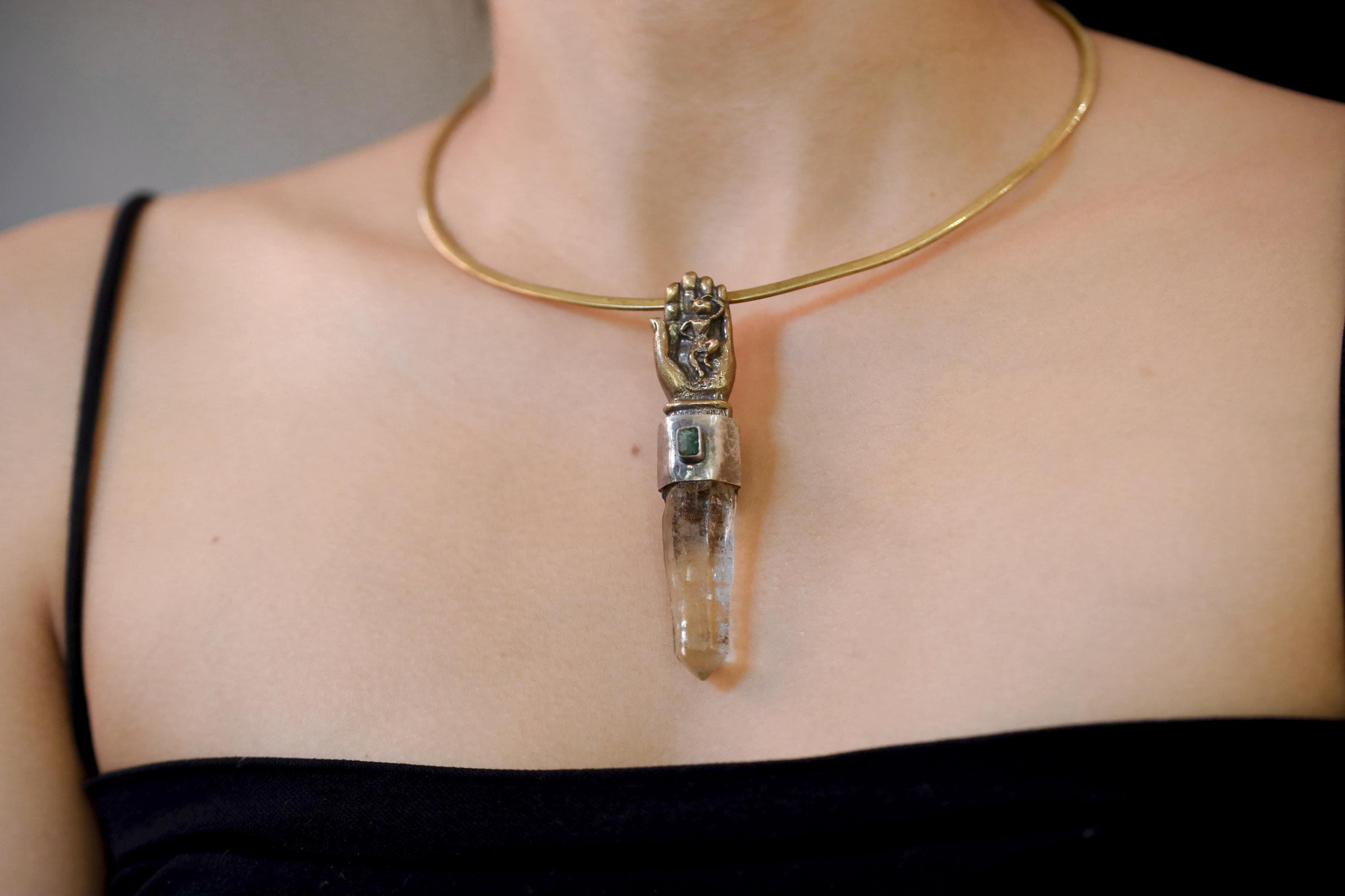 Monkey King Buddha Hand Brass Cast Pendant, Himalayan Optical Lemurian Chlorite Laser Quartz, Raw Emerald, Silver Bezel, Oxidized & Textured