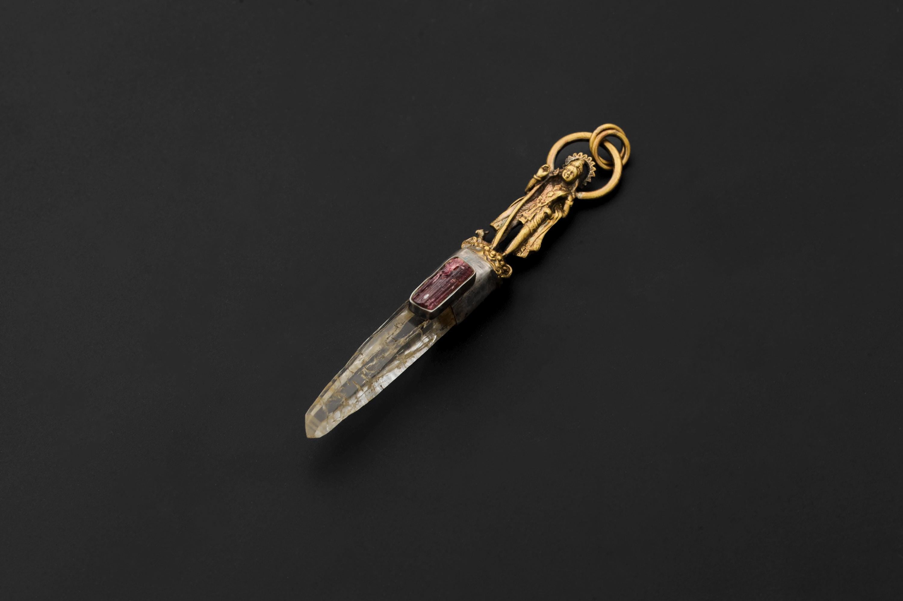 Saraswati Talisman Brass Cast Pendant, Himalayan Singing Lemurian Laser Point & Raw Gem Pink Tourmaline Rubellite Wand, 925 Silver Bezel