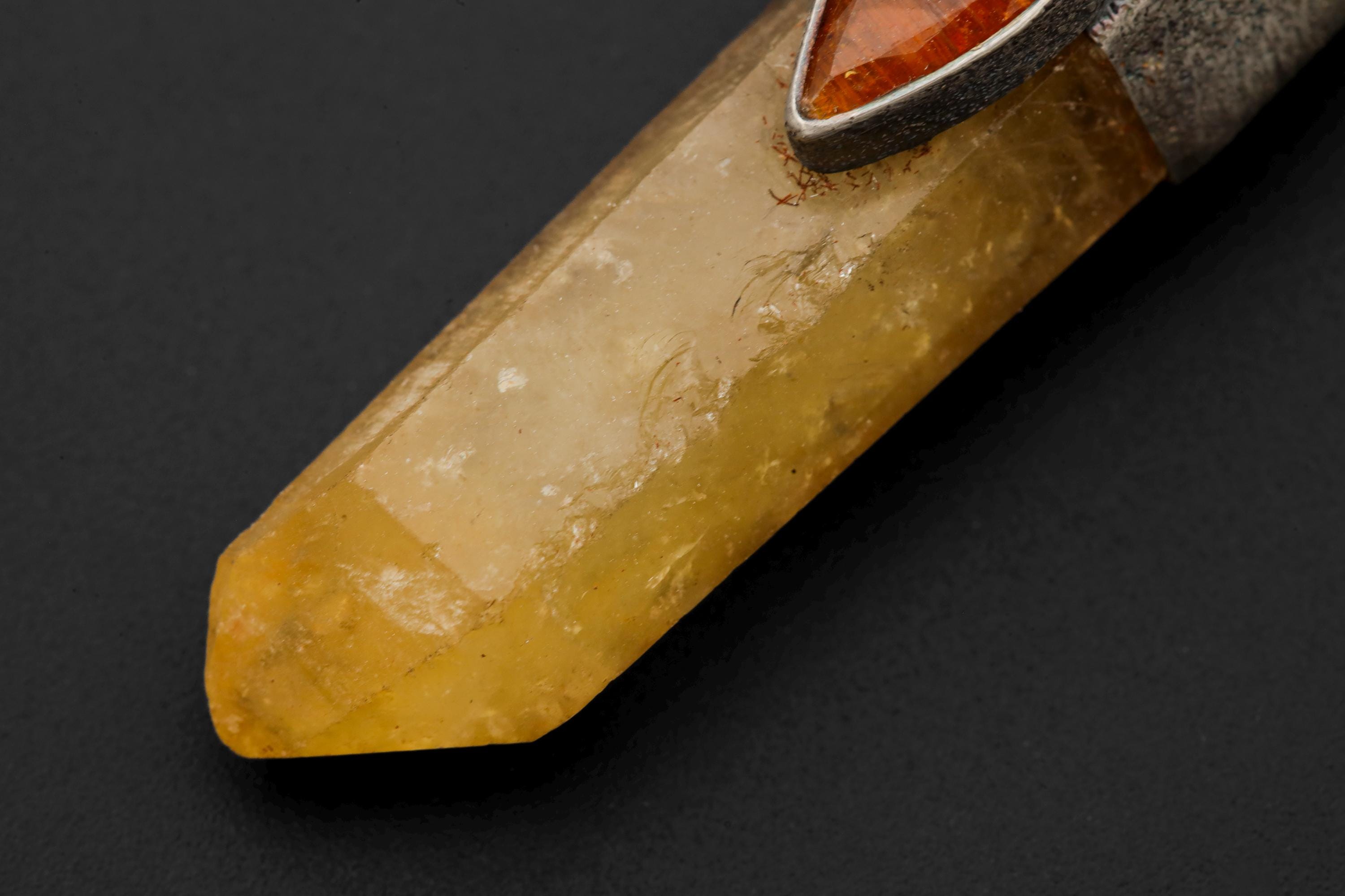 Ganesha Citrine Quartz Brass Cast Gold Plated Talisman Pendant, Silver Bezel, Raw Gem Apatite, Faceted Orange Gem Kyanite, Oxidized,Textured