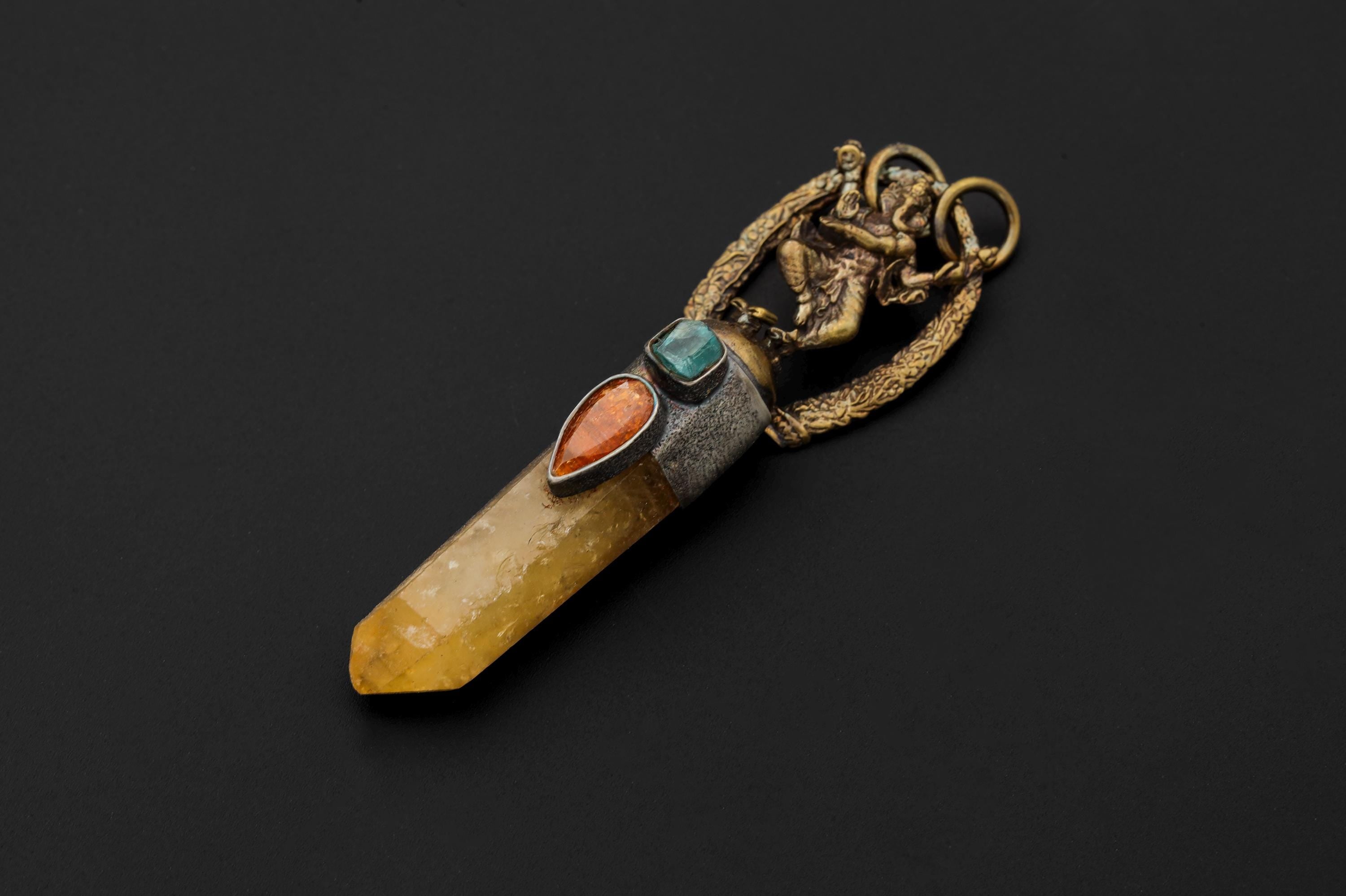 Ganesha Citrine Quartz Brass Cast Gold Plated Talisman Pendant, Silver Bezel, Raw Gem Apatite, Faceted Orange Gem Kyanite, Oxidized,Textured