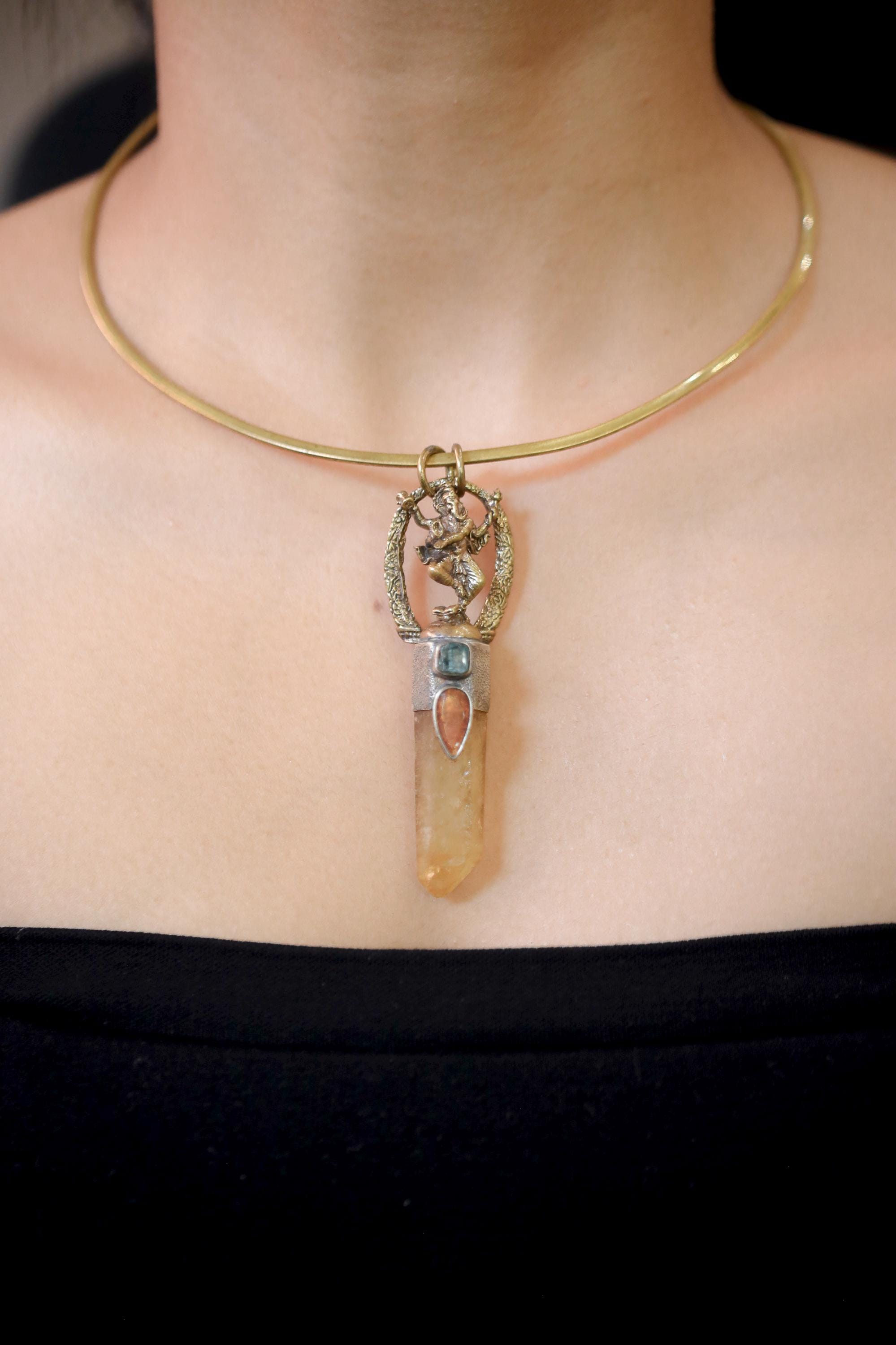 Ganesha Citrine Quartz Brass Cast Gold Plated Talisman Pendant, Silver Bezel, Raw Gem Apatite, Faceted Orange Gem Kyanite, Oxidized,Textured