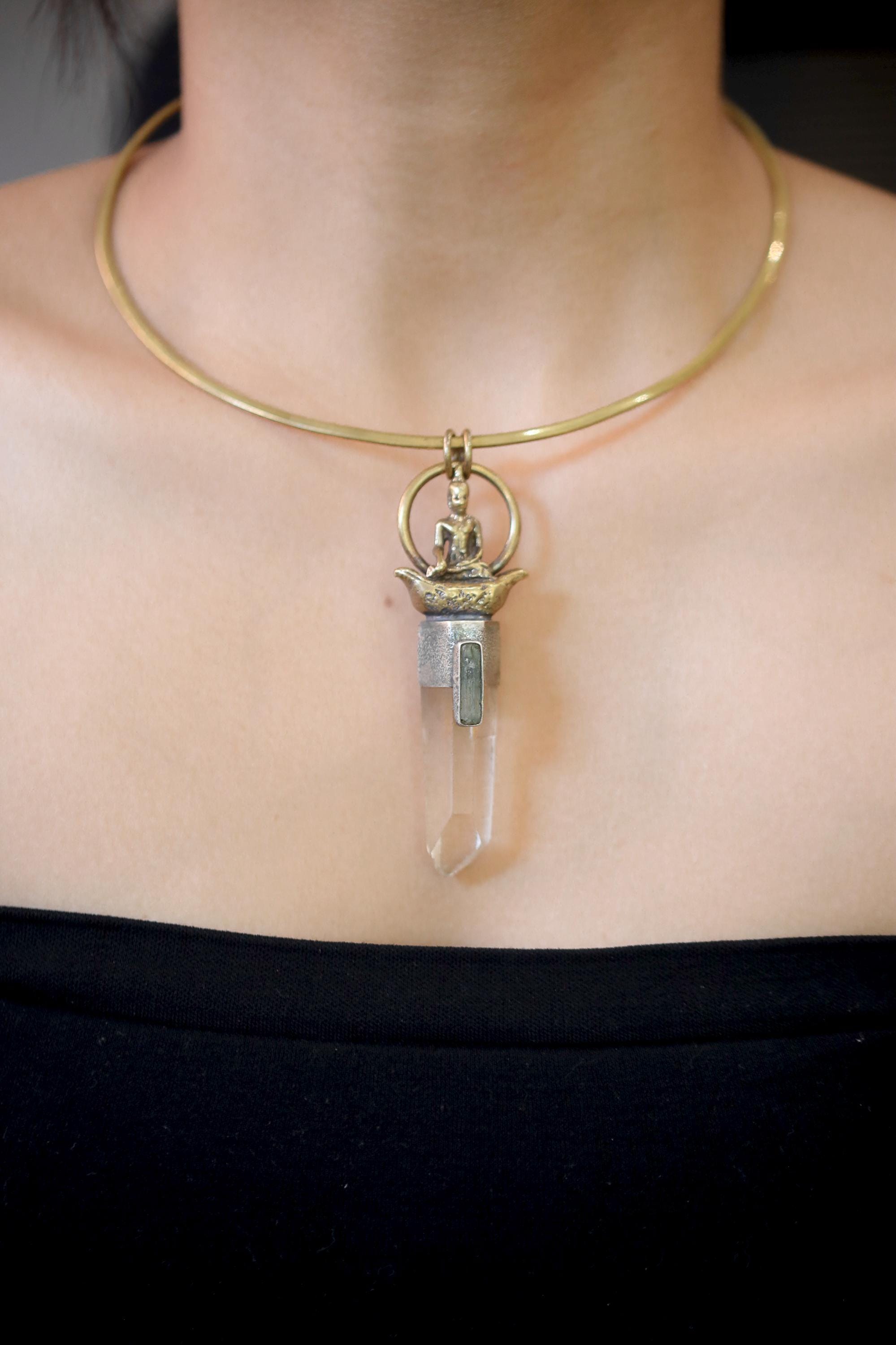 Buddha Talisman Brass Cast Pendant, Silver Bezel with Australian Lemurian Window Quartz, Raw Australian Aquamarine, Sand Textured, Oxidized