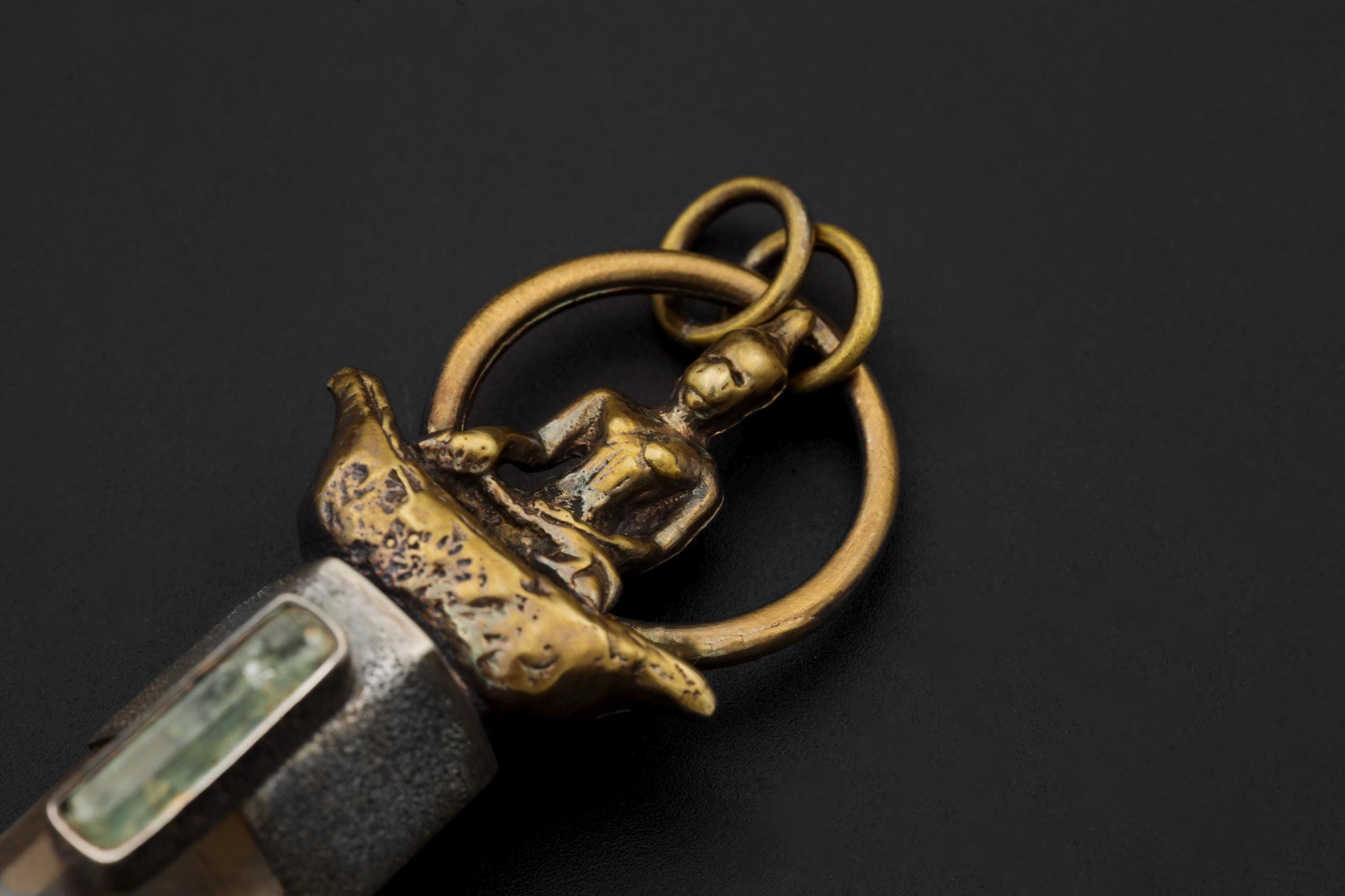 Buddha Talisman Brass Cast Pendant, Silver Bezel with Australian Lemurian Window Quartz, Raw Australian Aquamarine, Sand Textured, Oxidized