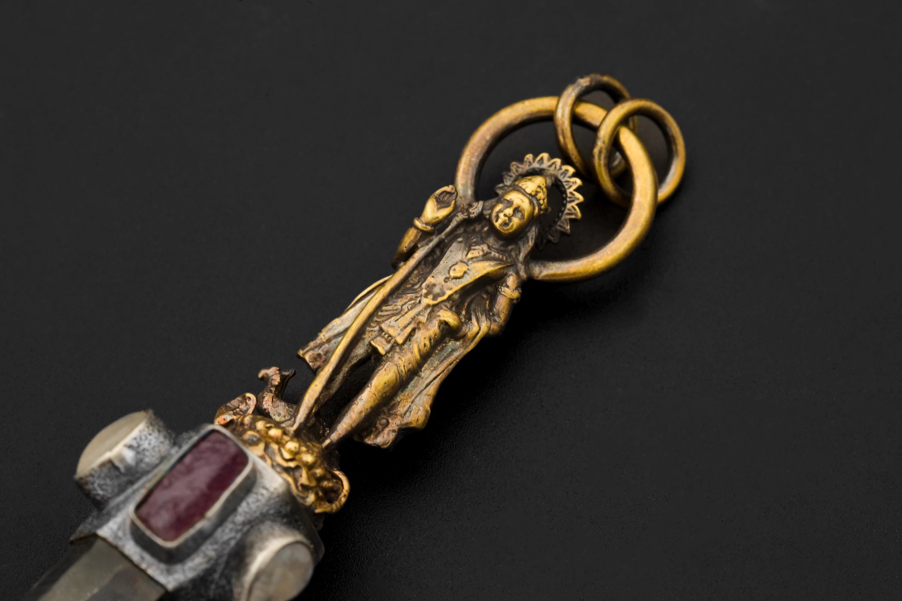 Overhead shot revealing Lemurian lines along the quartz body and gentle green hue from chlorite inclusions.