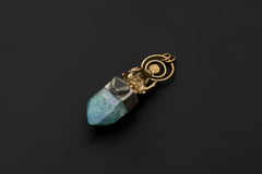 Ganesha Brass Cast Pendant, Aqua Aura Window Quartz Point Gem Grade Blue Tourmaline Slice, 925 Silver Bezel, Oxidized & Hammered Textured