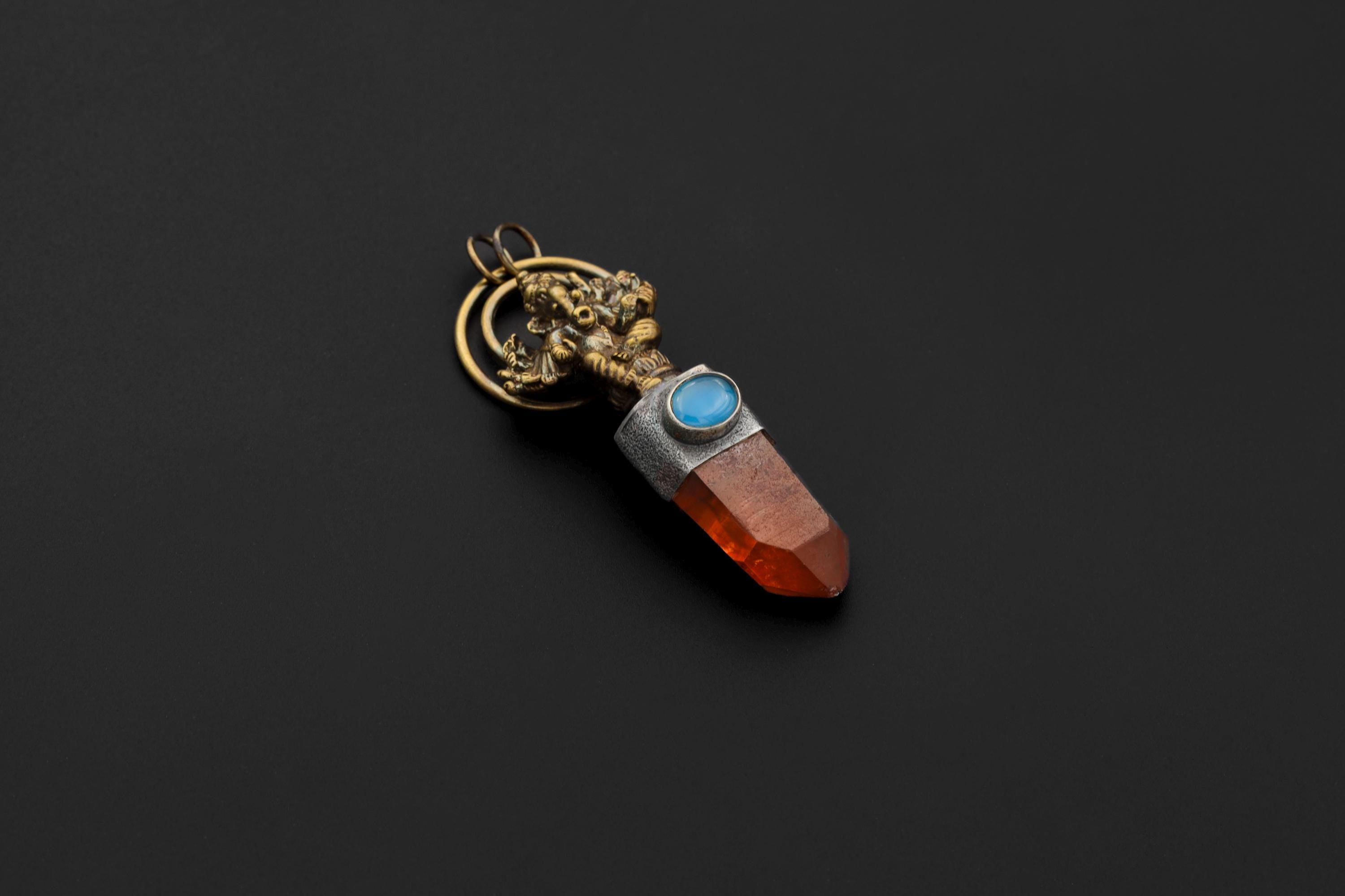 Ganesha Lithium Quartz Aquamarine Pendant 925 Silver Gold Plated Talisman Heart Throat Crown Chakra Gift