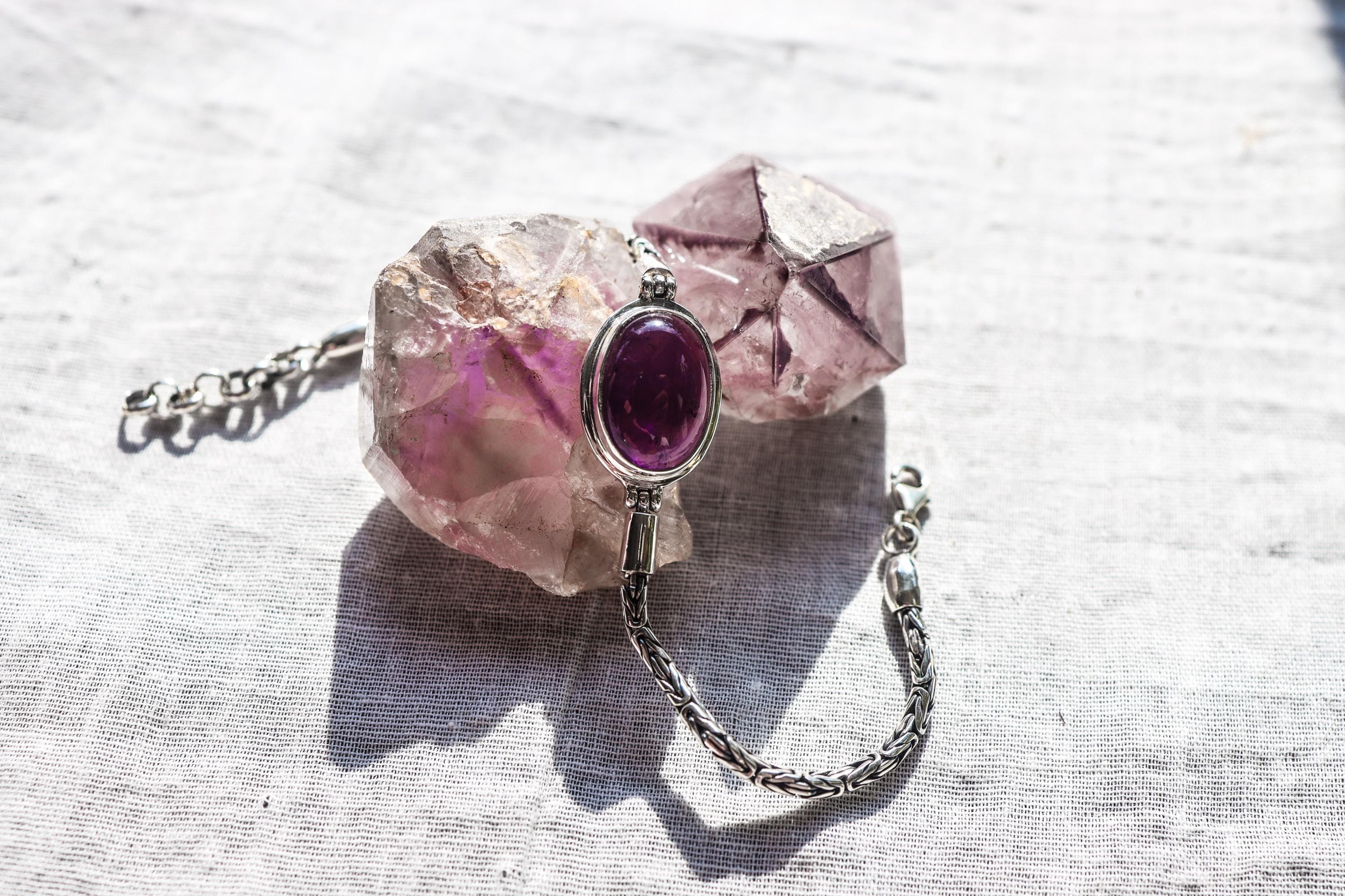 Amethyst Bracelet Sterling Silver, Byzantine Chain 925, Oval Cabochon Gemstone, Adjustable, Crown Chakra Healing Crystal Jewelry Gift