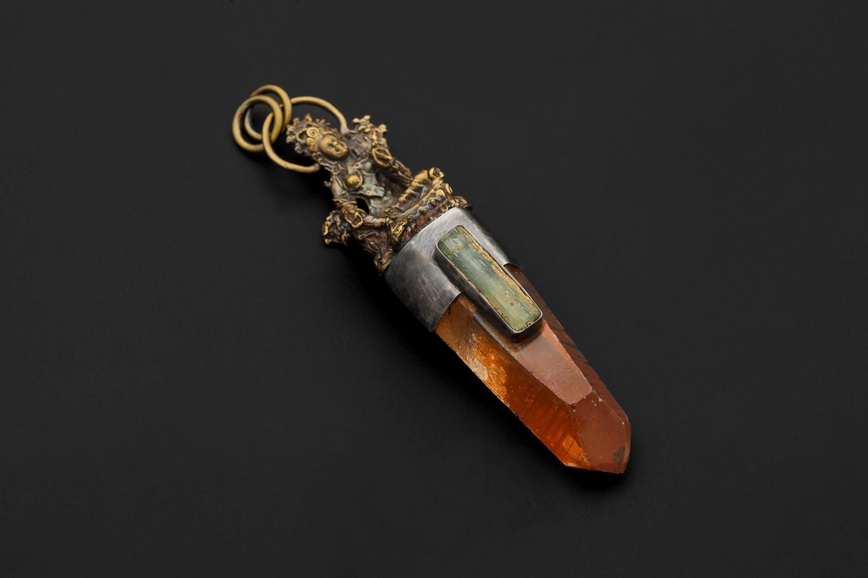 Saraswati Brass Cast Pendant, Australian Lemurian Laser Lithium Quartz & Australian Raw Aquamarine Wand, 925 Silver Bezel, Oxidized Textured