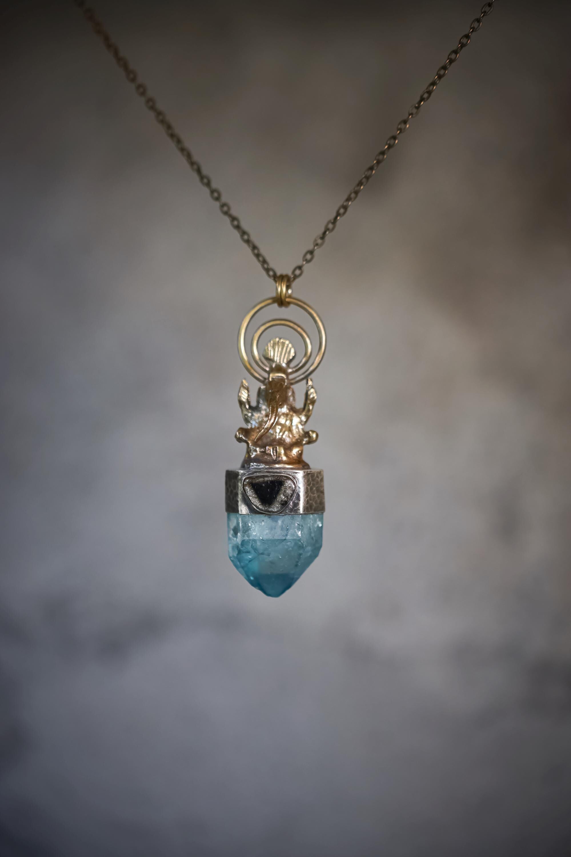 Ganesha Brass Cast Pendant, Aqua Aura Window Quartz Point Gem Grade Blue Tourmaline Slice, 925 Silver Bezel, Oxidized & Hammered Textured