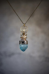 Ganesha Brass Cast Pendant, Aqua Aura Window Quartz Point Gem Grade Blue Tourmaline Slice, 925 Silver Bezel, Oxidized & Hammered Textured