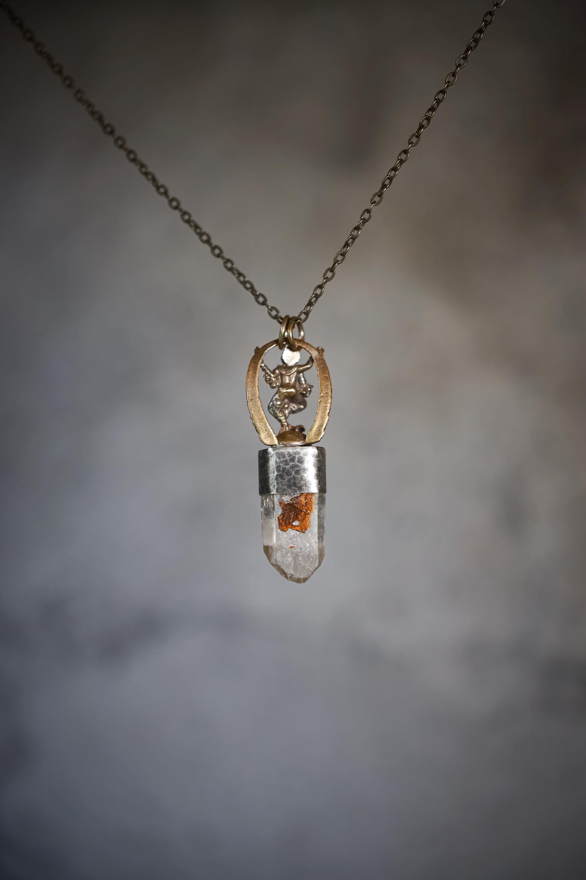 Ganesha Quartz Talisman Brass Cast Pendant, Pyrite Inclusion Quartz, Kyanite, Blue Moonstone, 925 Silver, Oxidized Hammered Textured