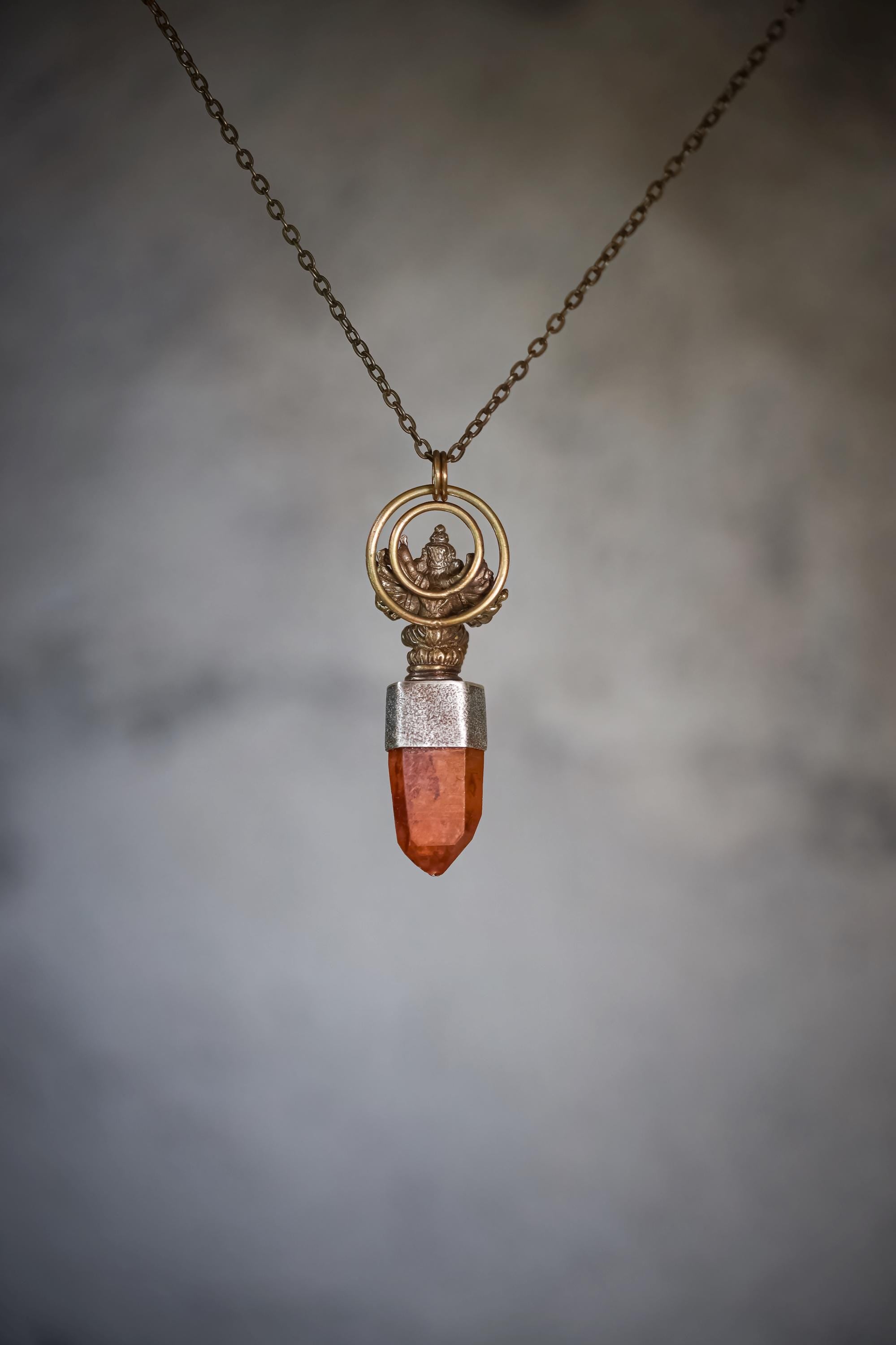 Ganesha Talisman Brass Cast Pendant, Australian Lithium Finger Quartz, High-Grade Aquamarine Cabochon, Oxidised Silver Bezel & Sand Textured