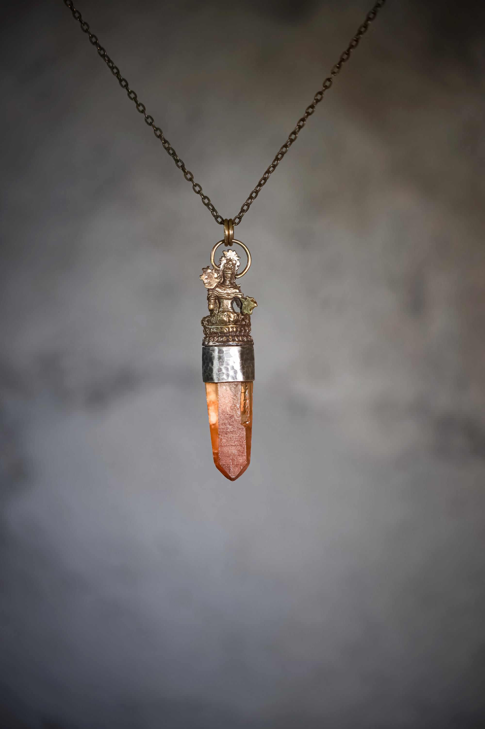 Saraswati Brass Cast Pendant, Australian Lemurian Laser Lithium Quartz & Australian Raw Aquamarine Wand, 925 Silver Bezel, Oxidized Textured