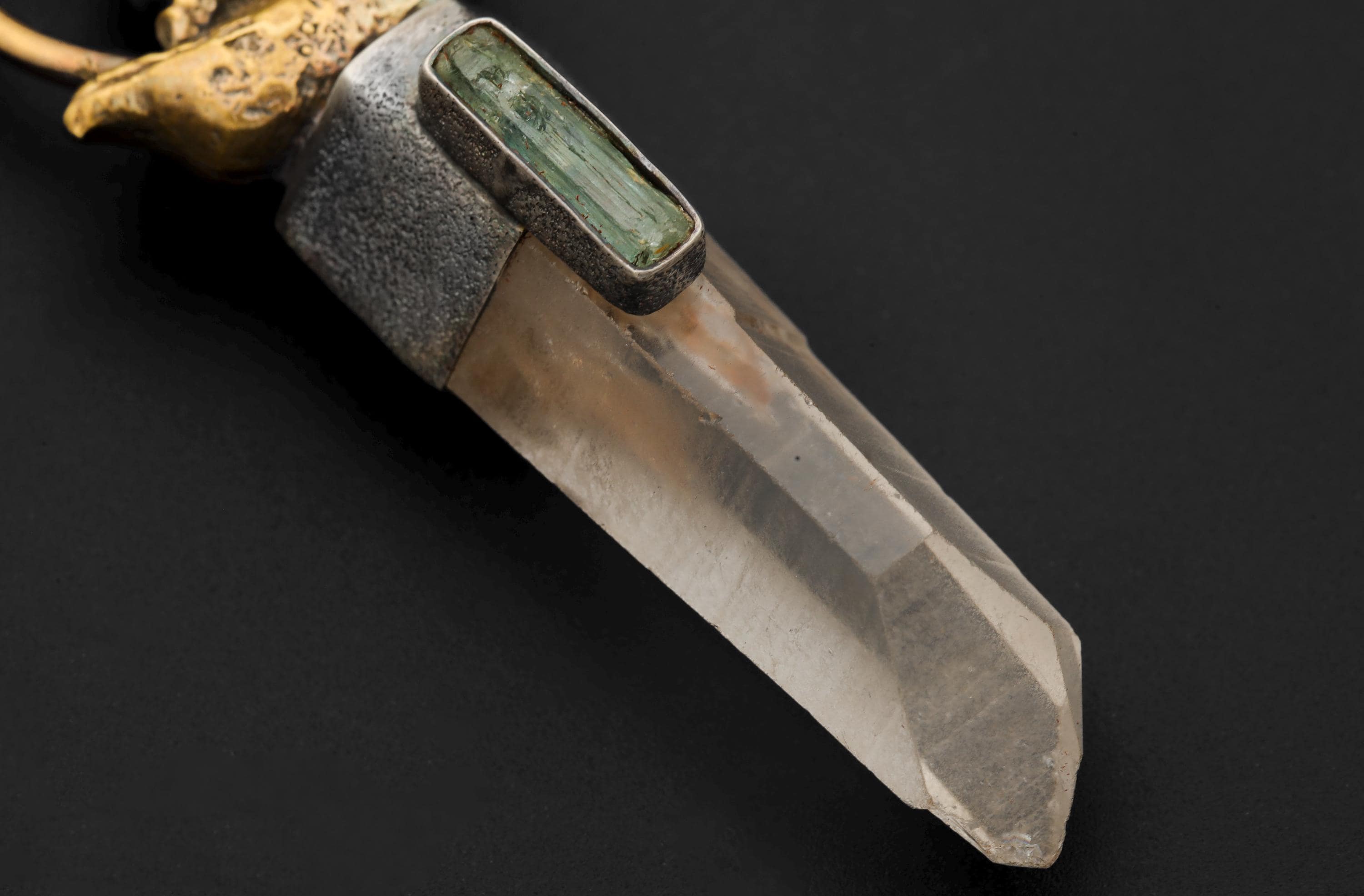 Buddha Talisman Brass Cast Pendant, Silver Bezel with Australian Lemurian Window Quartz, Raw Australian Aquamarine, Sand Textured, Oxidized