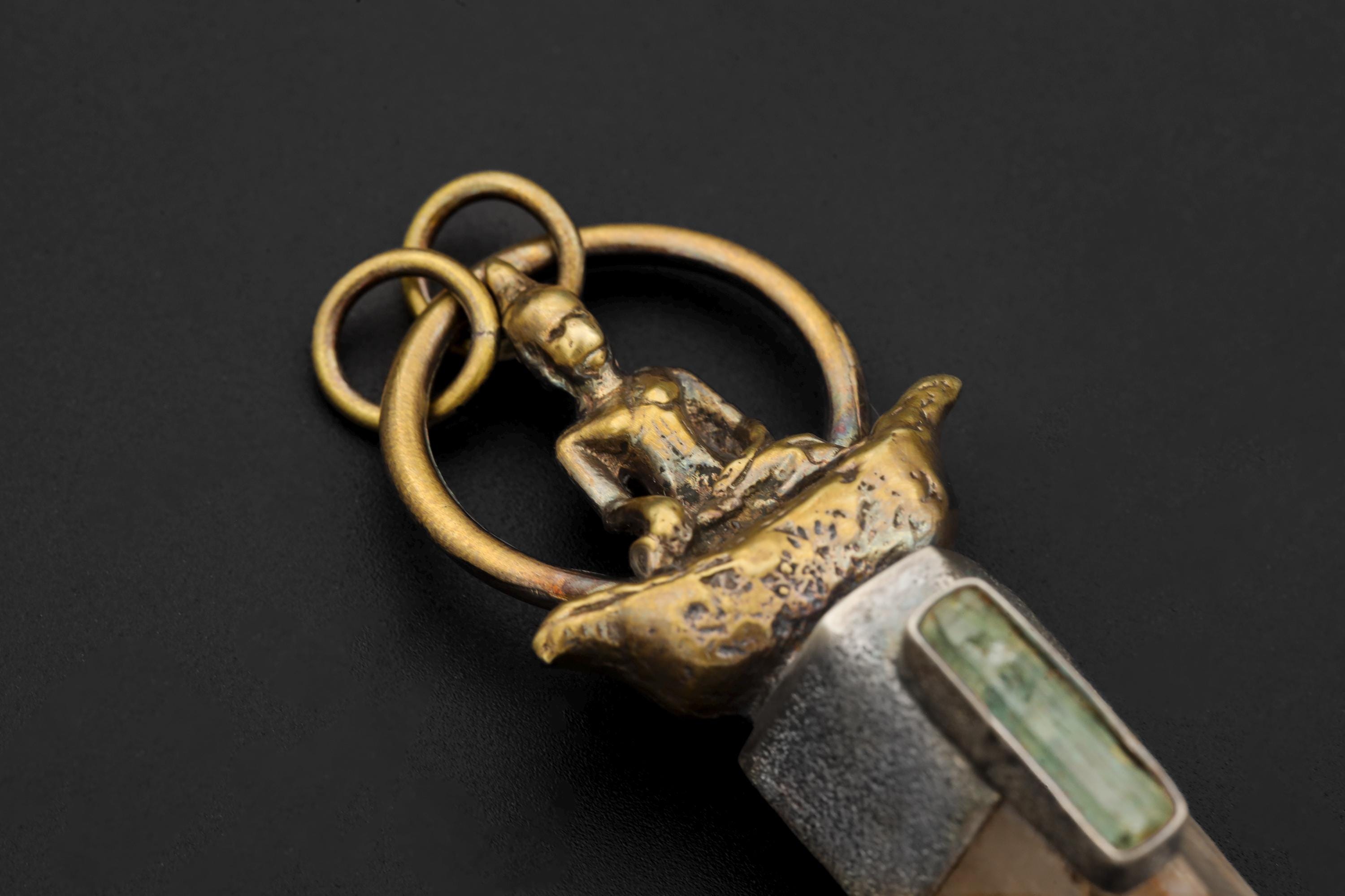 Buddha Talisman Brass Cast Pendant, Silver Bezel with Australian Lemurian Window Quartz, Raw Australian Aquamarine, Sand Textured, Oxidized