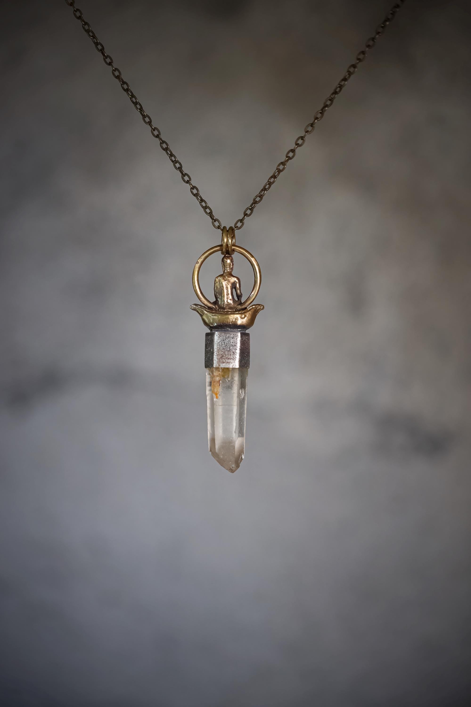 Buddha Talisman Brass Cast Pendant, Silver Bezel with Australian Lemurian Window Quartz, Raw Australian Aquamarine, Sand Textured, Oxidized