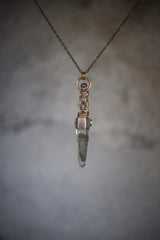 Saraswati Talisman Brass Cast Pendant, Himalayan Chlorite Lemurian Quartz, Rubellite and Blue Moonstone with Silver Bezel Brush Textured