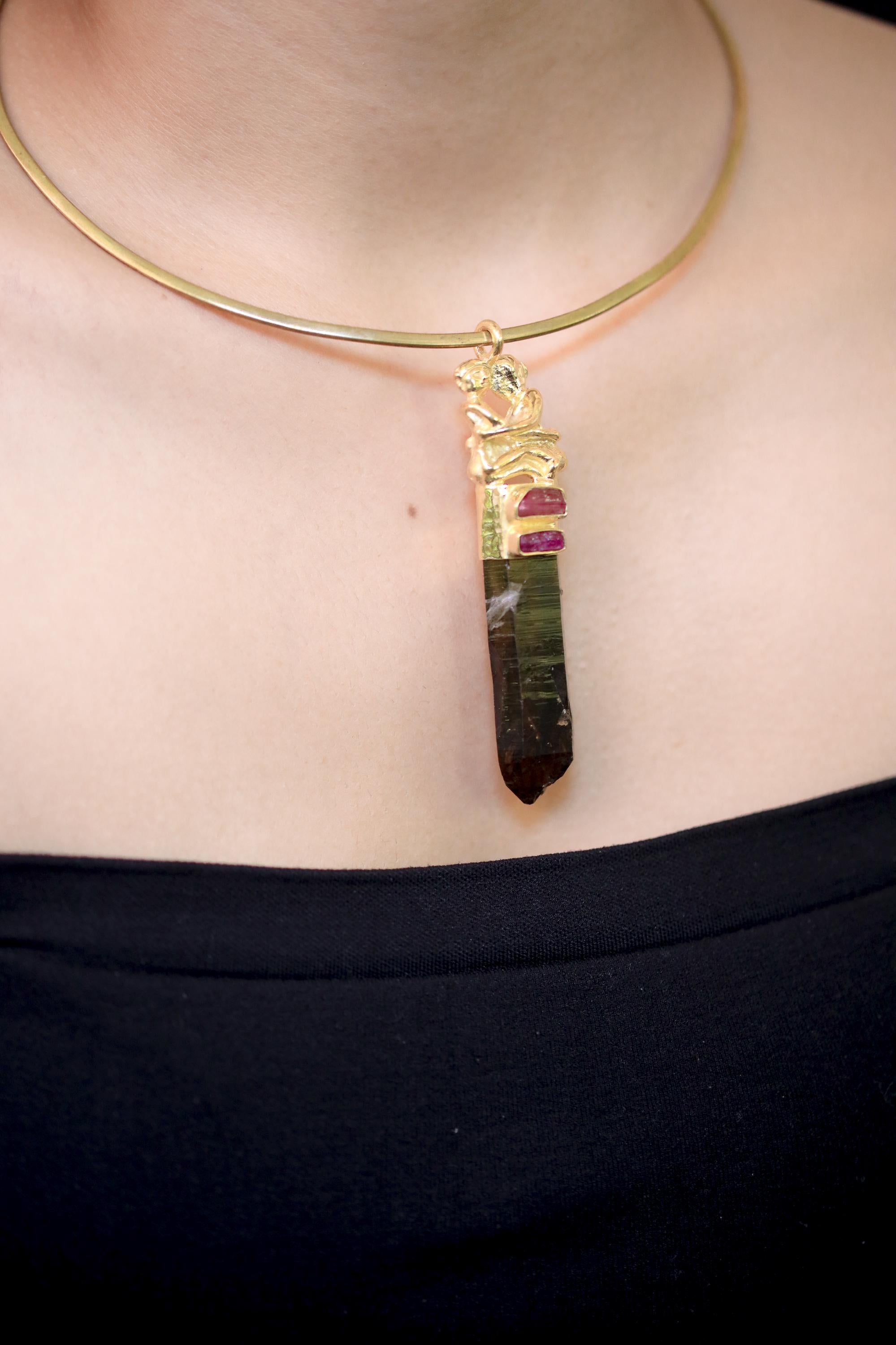 Pink Tourmaline Ruby Smoky Quartz Talisman Pendant, Cast Loving Couple, 925 Silver Bezel, Gold Plated, Heart Root Chakra Amulet