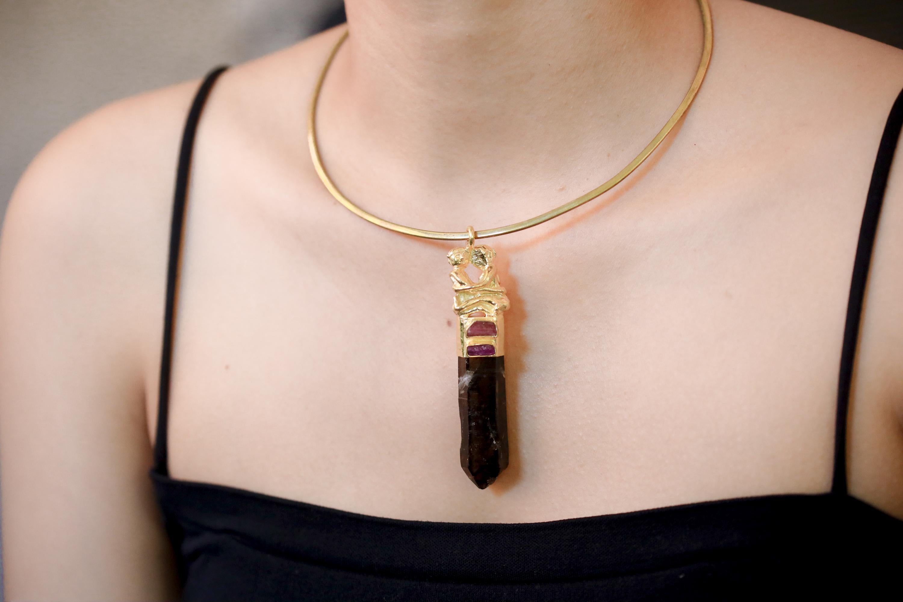 Pink Tourmaline Ruby Smoky Quartz Talisman Pendant, Cast Loving Couple, 925 Silver Bezel, Gold Plated, Heart Root Chakra Amulet