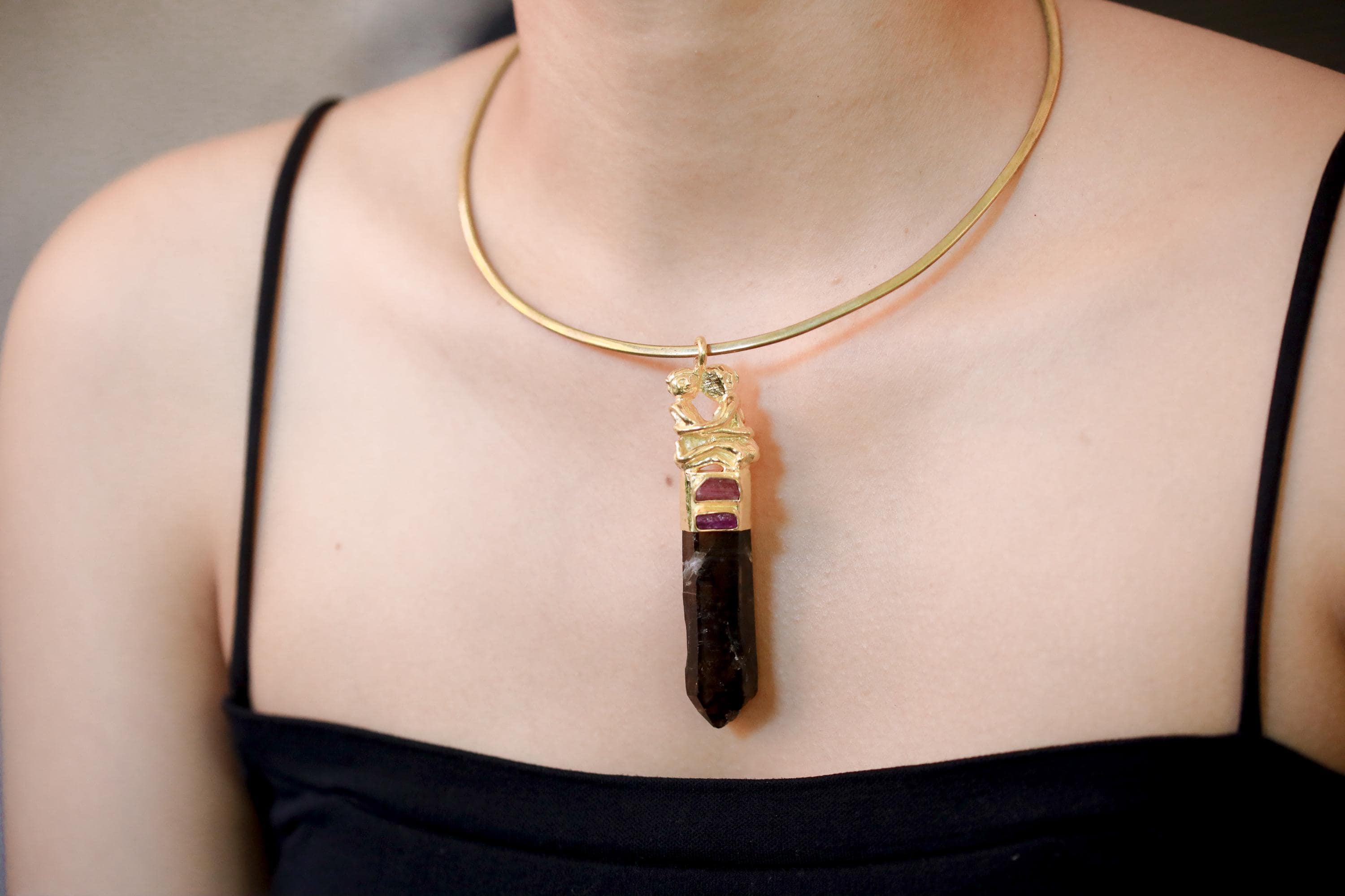 Pink Tourmaline Ruby Smoky Quartz Pendant 925 Silver 18k Gold Plated Lovers Talisman Heart Root Chakra Gift