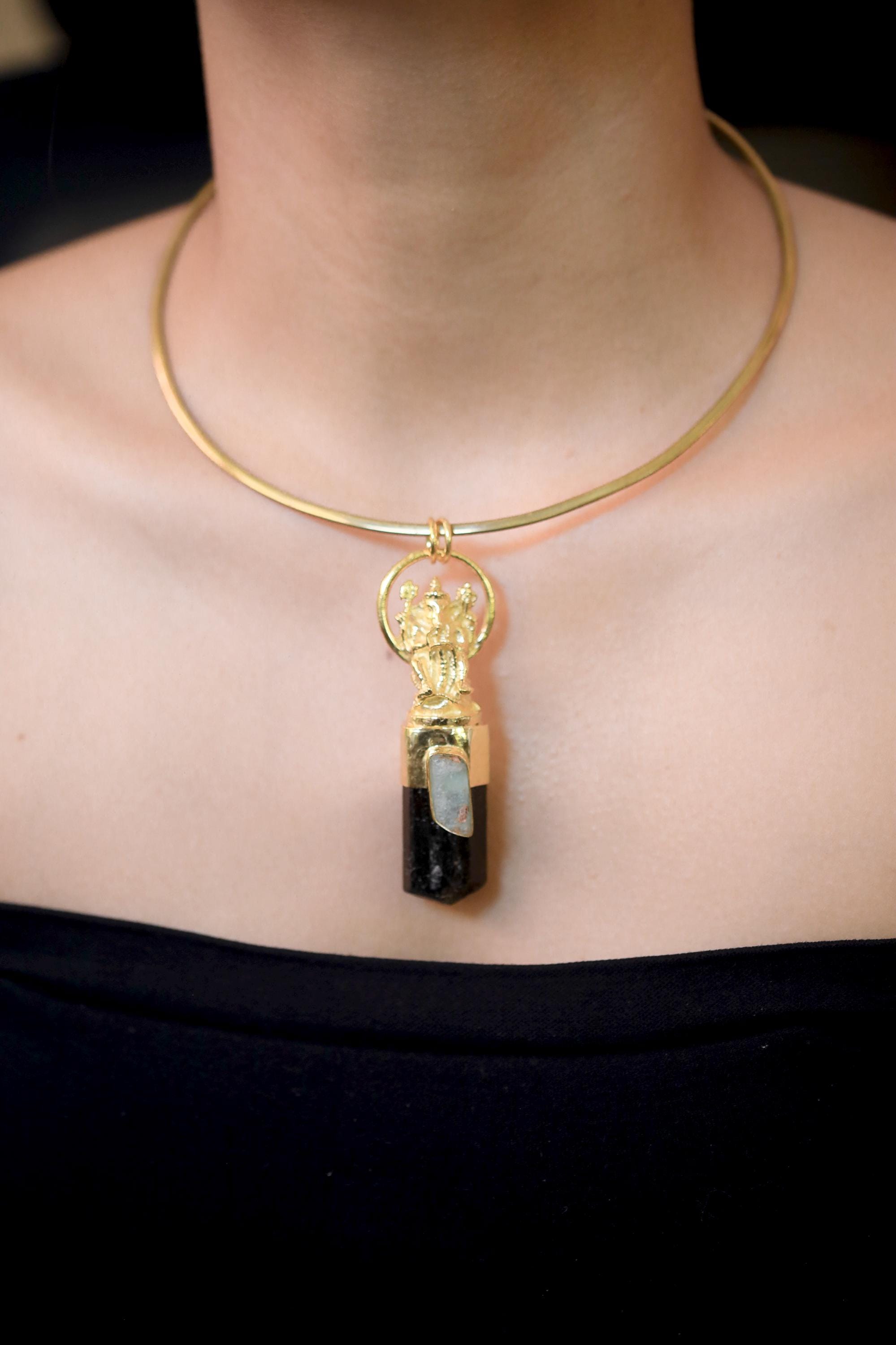 Lord Ganesha Aquamarine Black Tourmaline Talisman Pendant, Gold Plated Brass & Sterling Silver, Protection Healing Energy, Chakra Jewelry