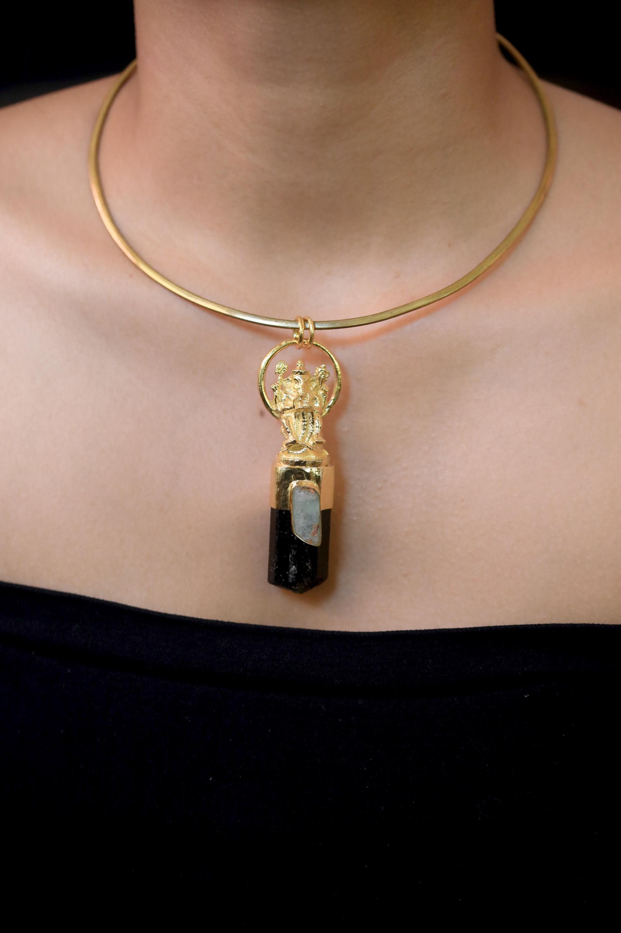 Lord Ganesha Aquamarine Black Tourmaline Talisman Pendant, Gold Plated Brass & Sterling Silver, Protection Healing Energy, Chakra Jewelry
