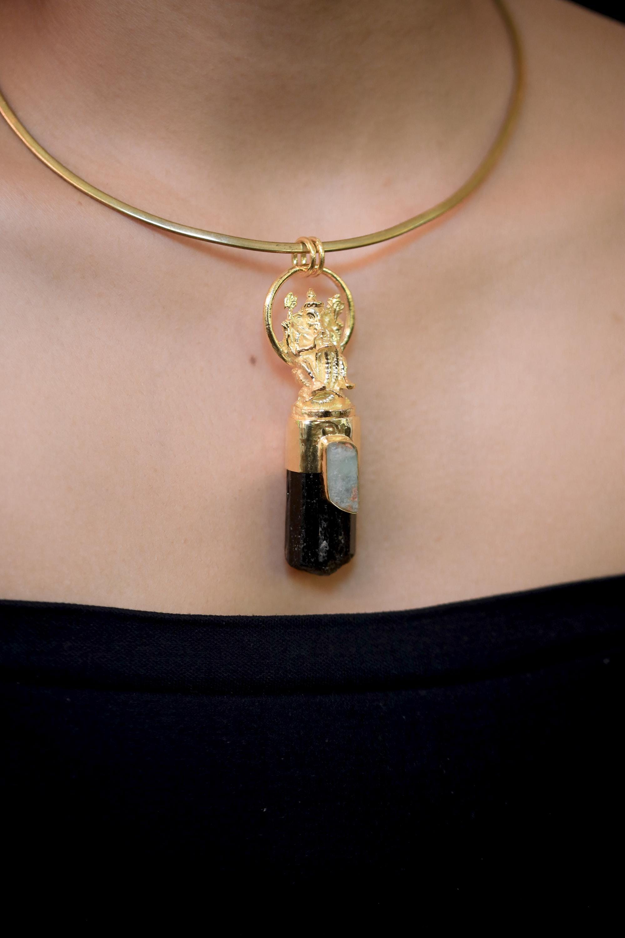 Lord Ganesha Aquamarine Black Tourmaline Talisman Pendant, Gold Plated Brass & Sterling Silver, Protection Healing Energy, Chakra Jewelry