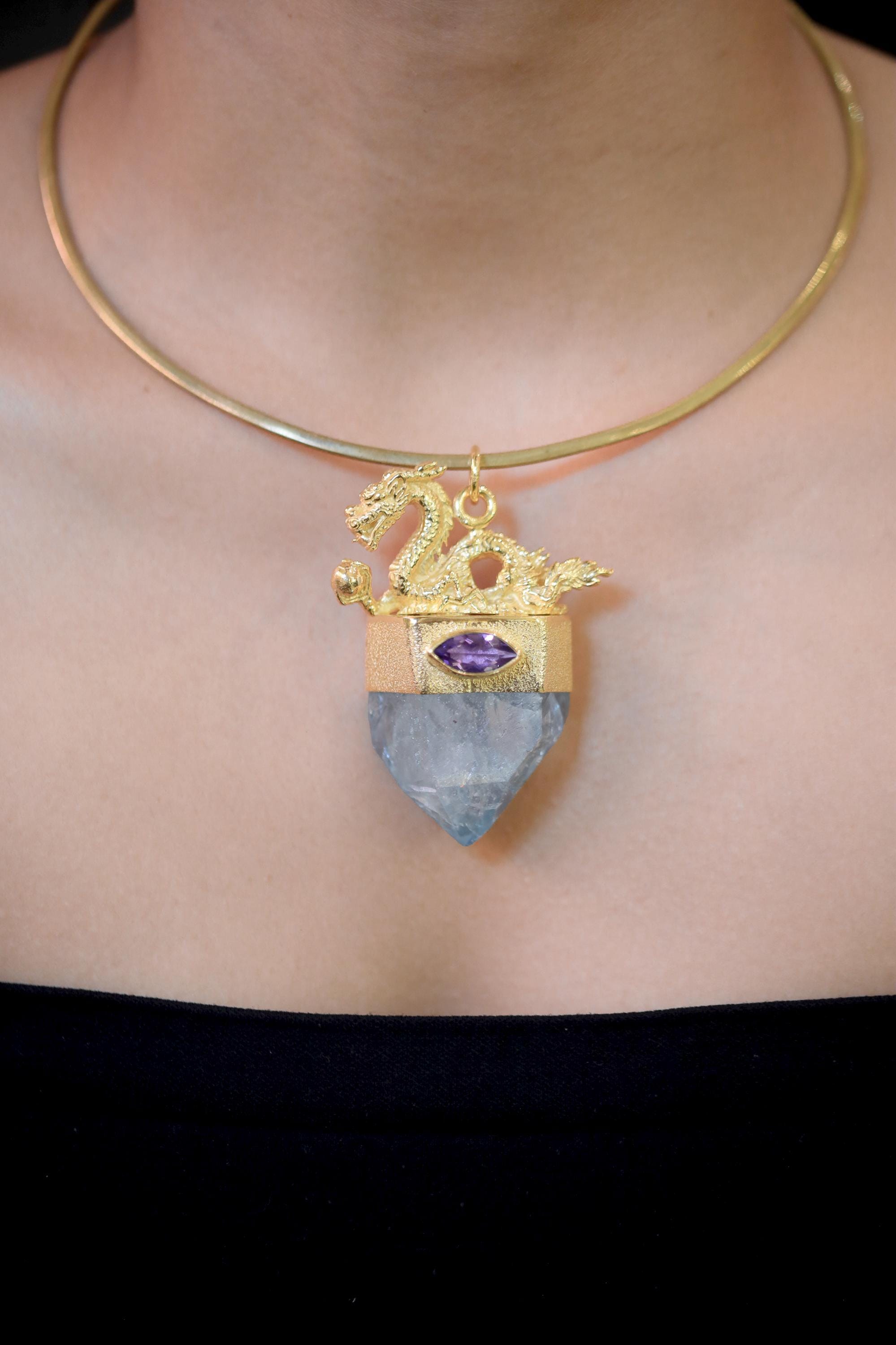 Dragon Amethyst Aqua Aura Quartz Pendant, 925 Silver Bezel Gold Plated, Hammered Texture, Crown Third Eye Throat, Protection Talisman