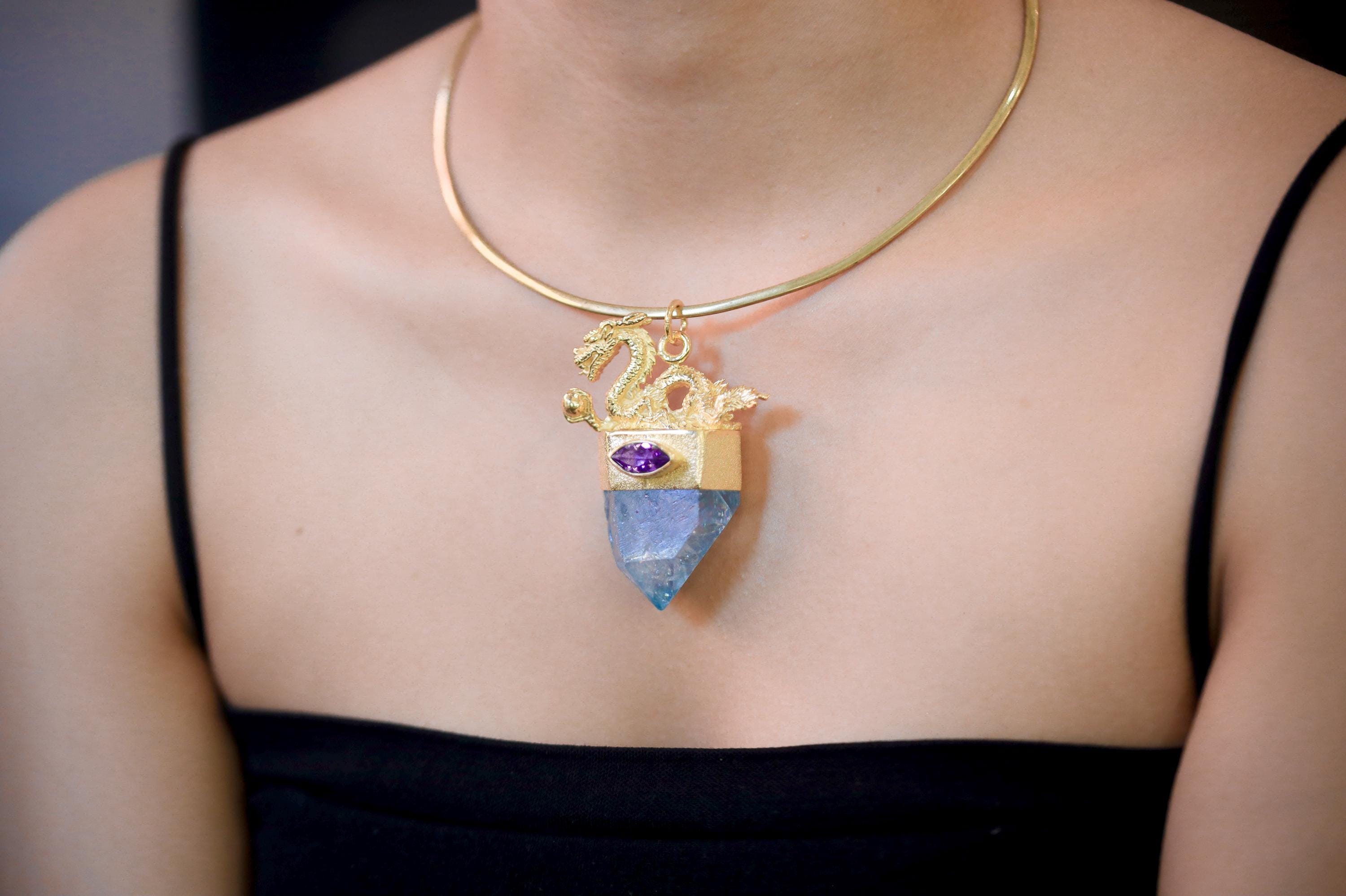 Dragon Amethyst Aqua Aura Quartz Pendant, 925 Silver Bezel Gold Plated, Hammered Texture, Crown Third Eye Throat, Protection Talisman